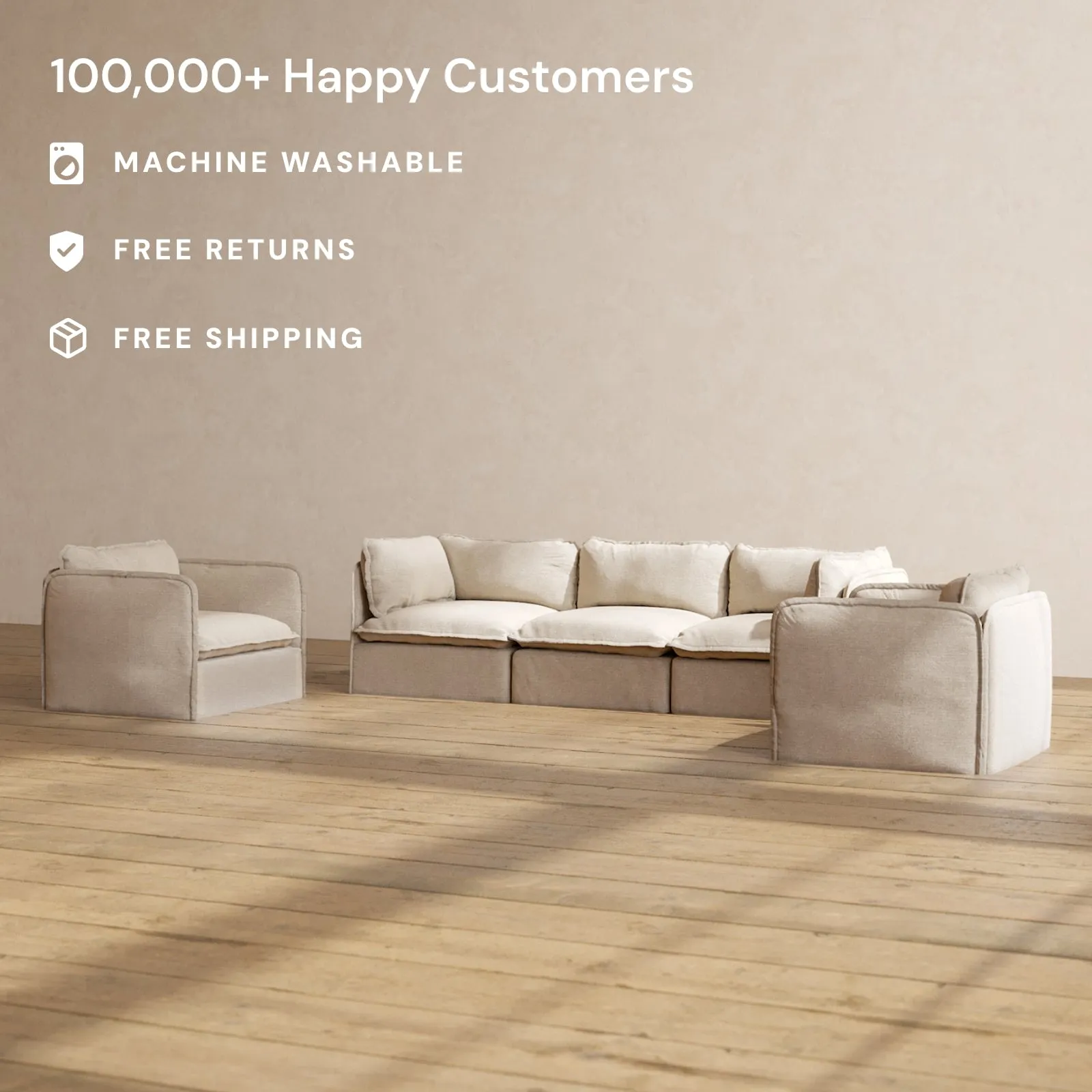 Modular Washable 3-Seater Sofa   Armchair Set in Oat | Memorix  Seat | Contour Pillow