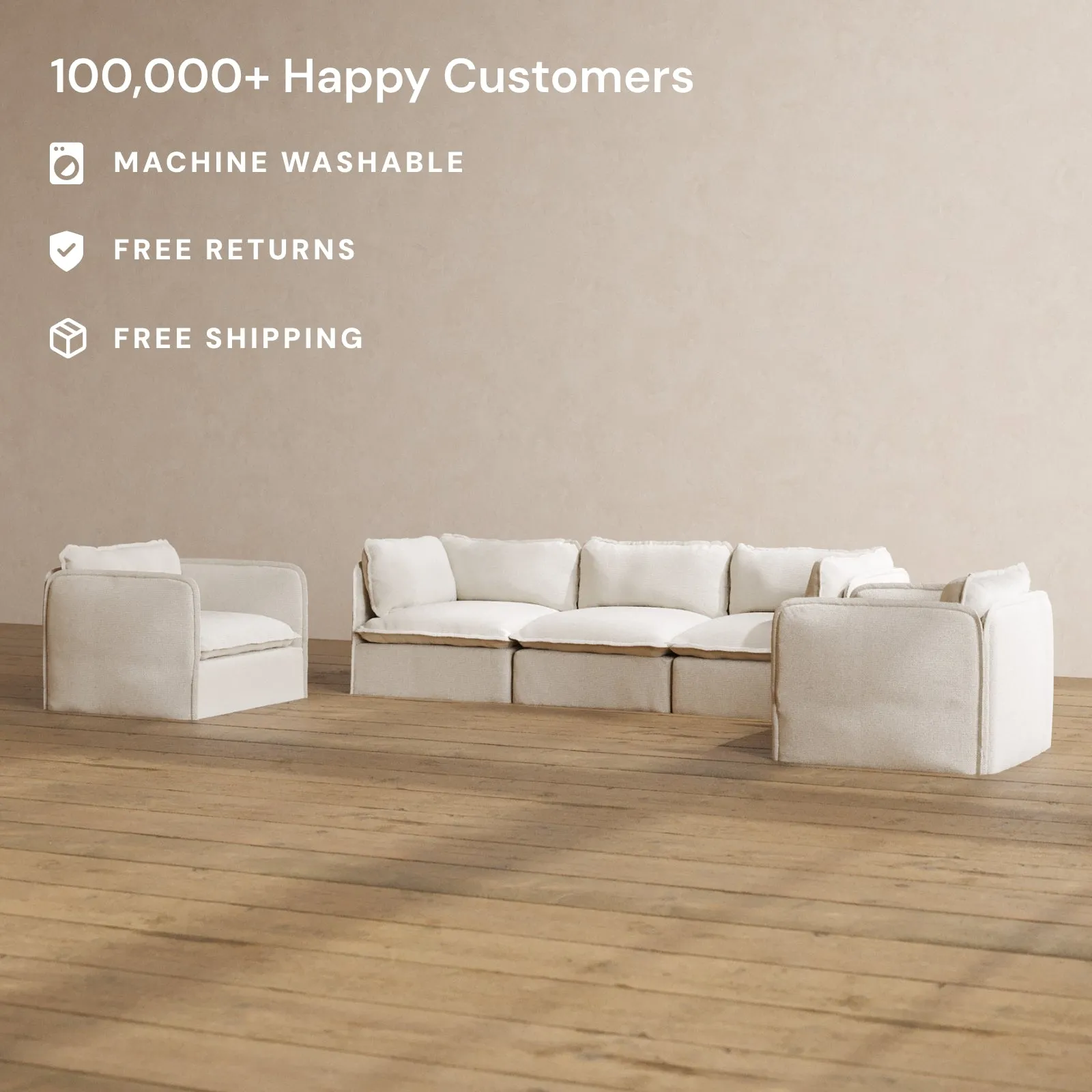Modular Washable 3-Seater Sofa   Armchair Set in Powder | Deluxe  Seat | Cloud Pillow