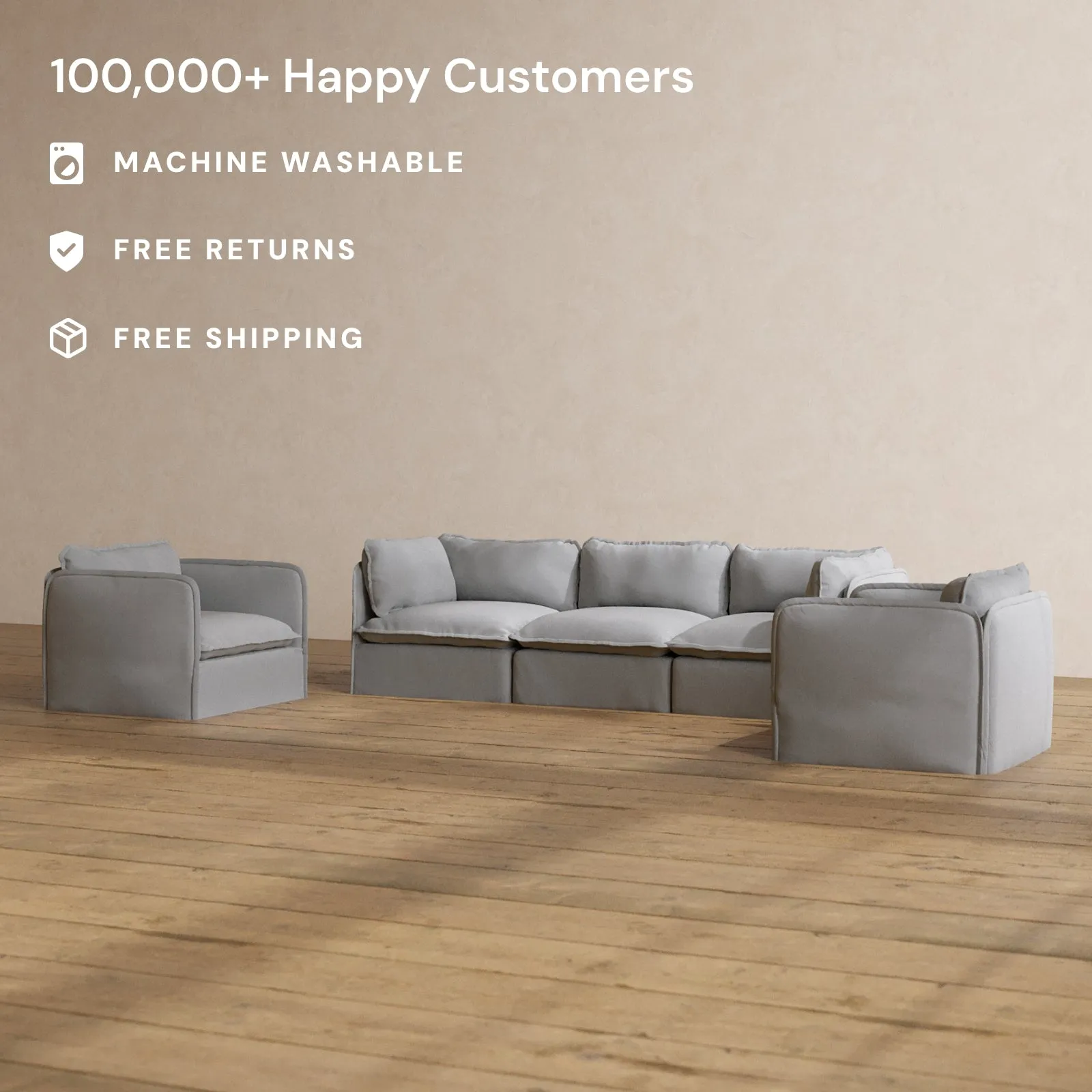 Modular Washable 3-Seater Sofa   Armchair Set in Pumice | Memorix  Seat | Contour Pillow