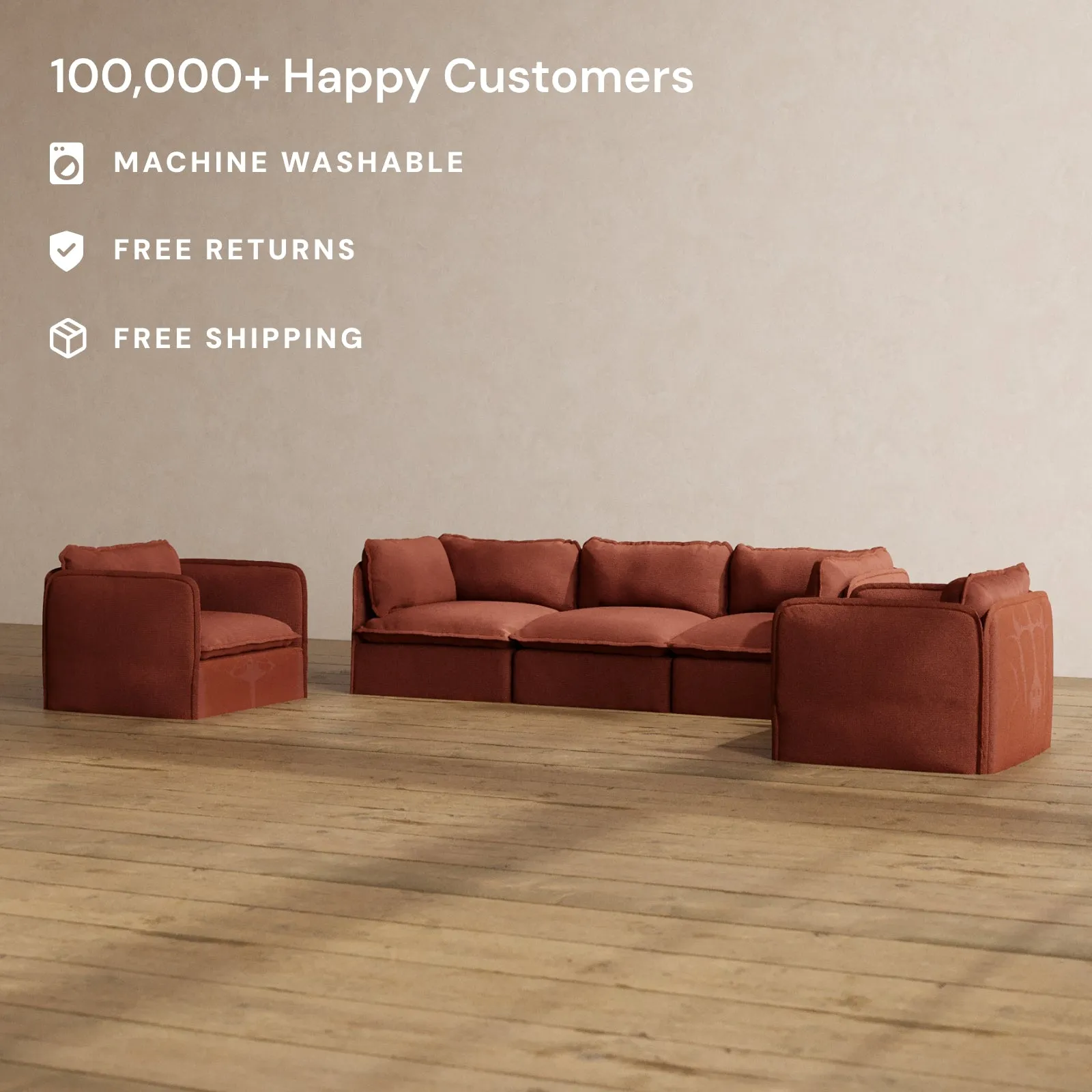 Modular Washable 3-Seater Sofa   Armchair Set in Rust | Deluxe  Seat | Cloud Pillow