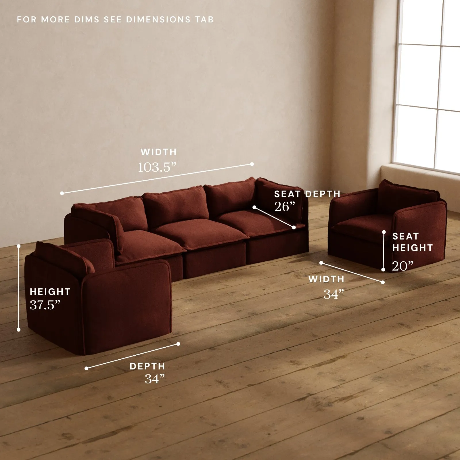 Modular Washable 3-Seater Sofa   Armchair Set in Rust | Deluxe  Seat | Cloud Pillow