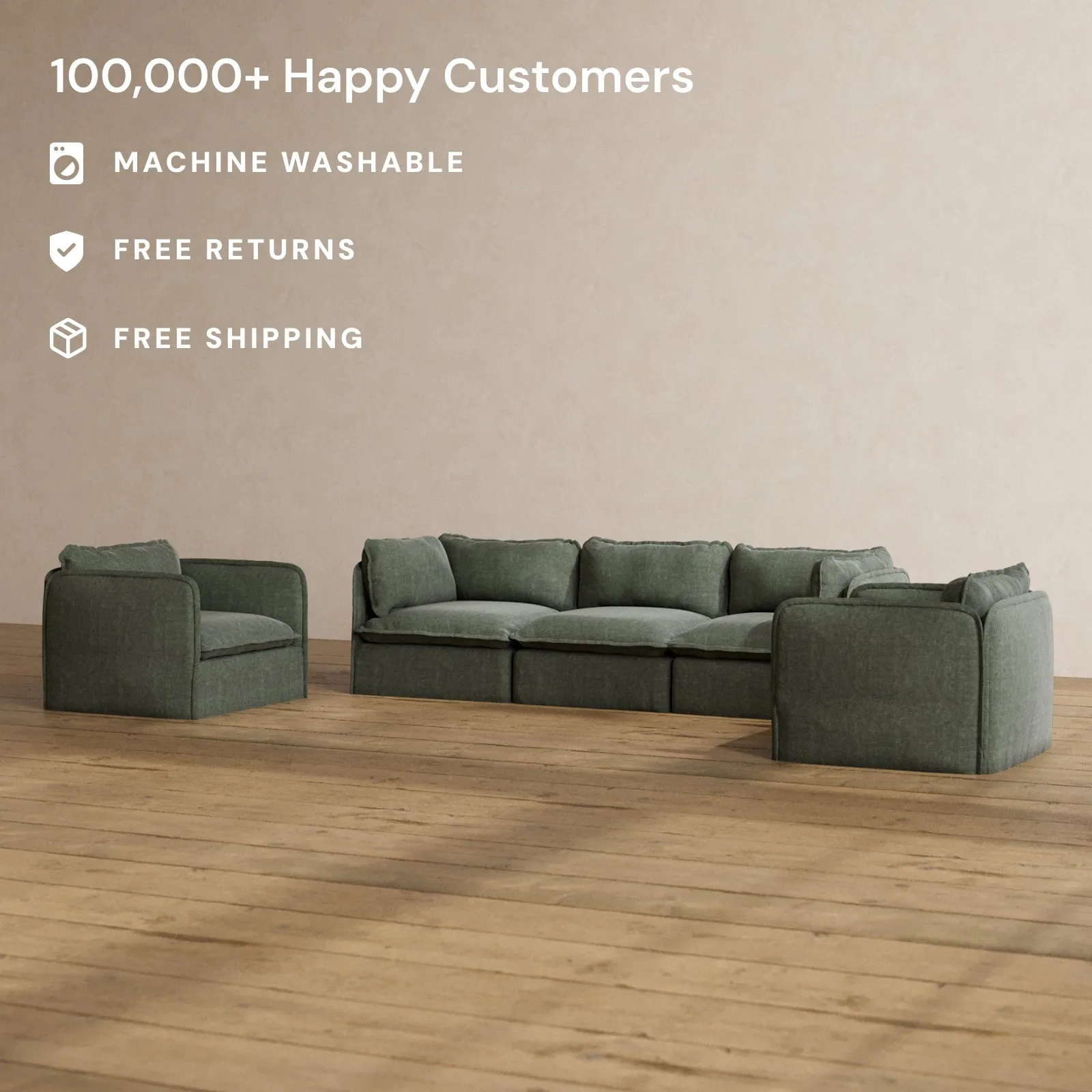 Modular Washable 3-Seater Sofa   Armchair Set in Willow | Deluxe  Seat | Cloud Pillow