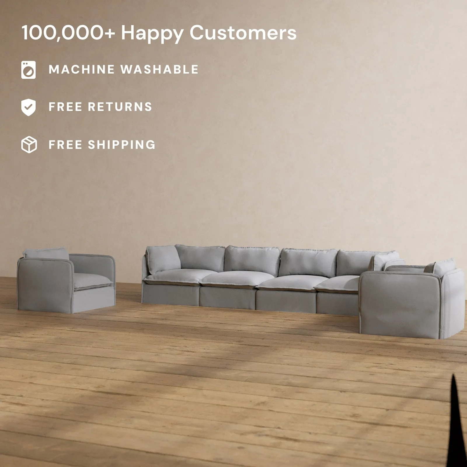 Modular Washable 4-Seater Sofa   Armchair Set in Pumice | Deluxe  Seat | Cloud Pillow