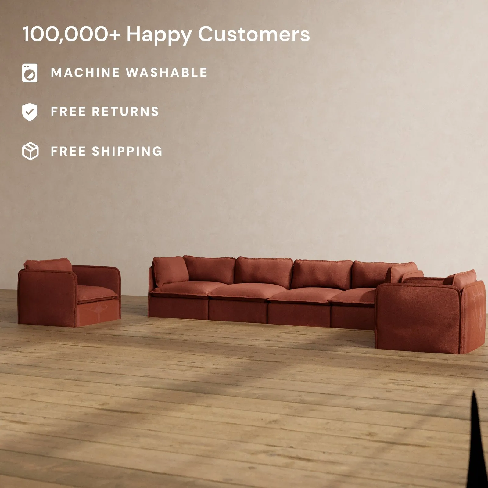 Modular Washable 4-Seater Sofa   Armchair Set in Rust | Deluxe  Seat | Cloud Pillow
