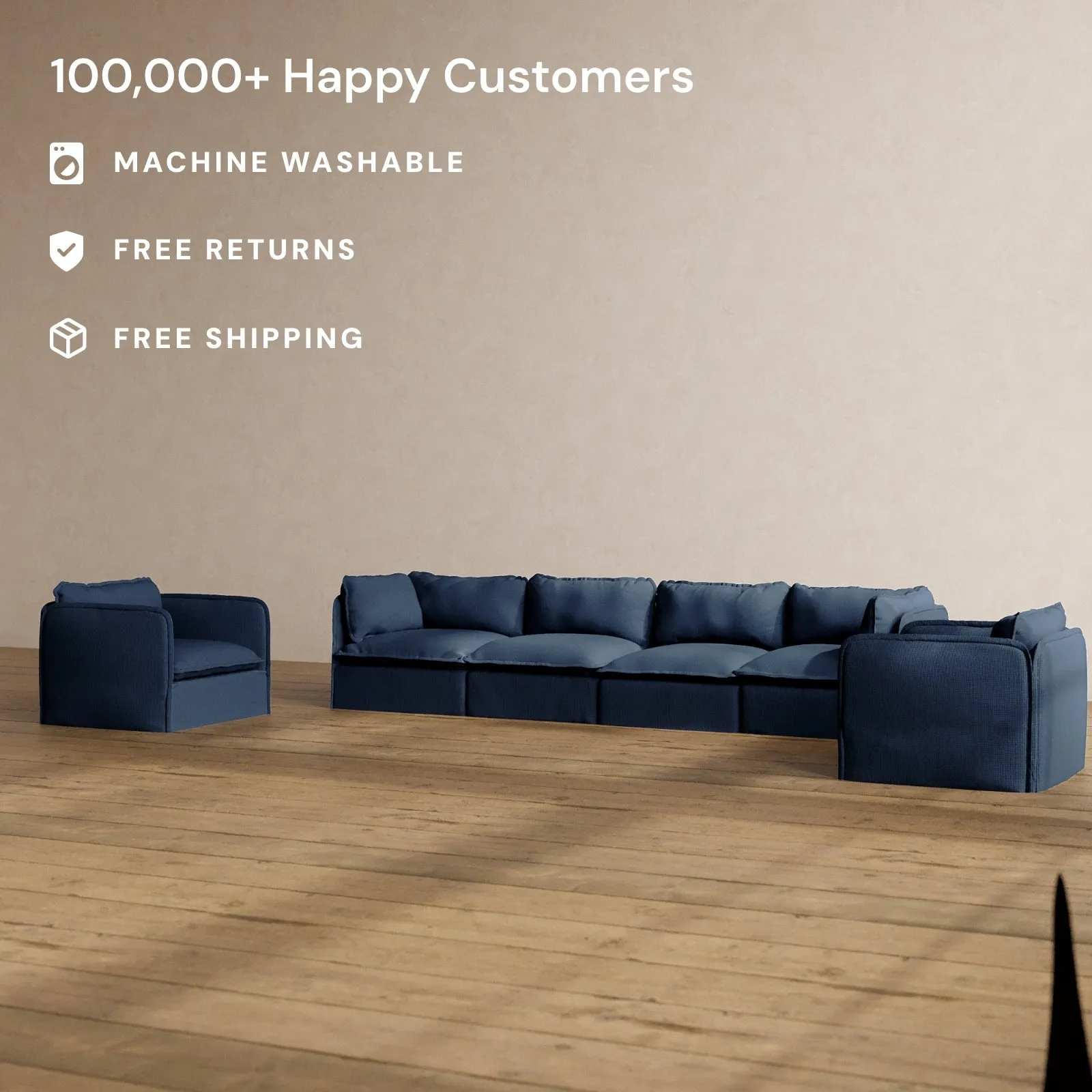 Modular Washable 4-Seater Sofa   Armchair Set in Sumi | Deluxe  Seat | Cloud Pillow