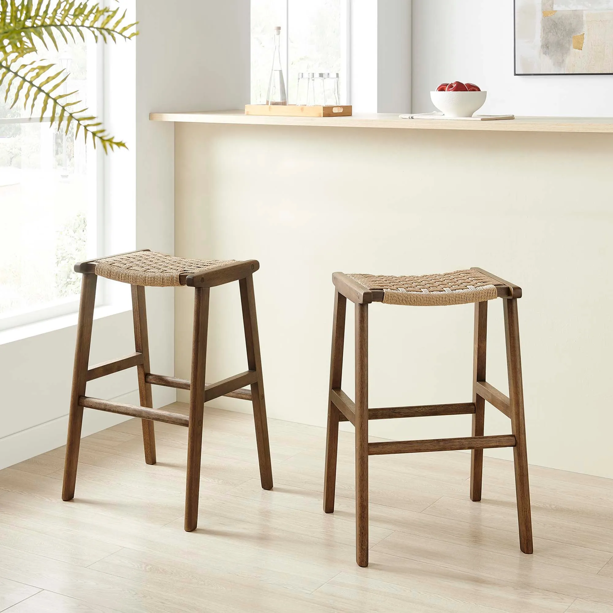Saoirse Woven Rope Wood Bar Stool - Set of 2 by Modway