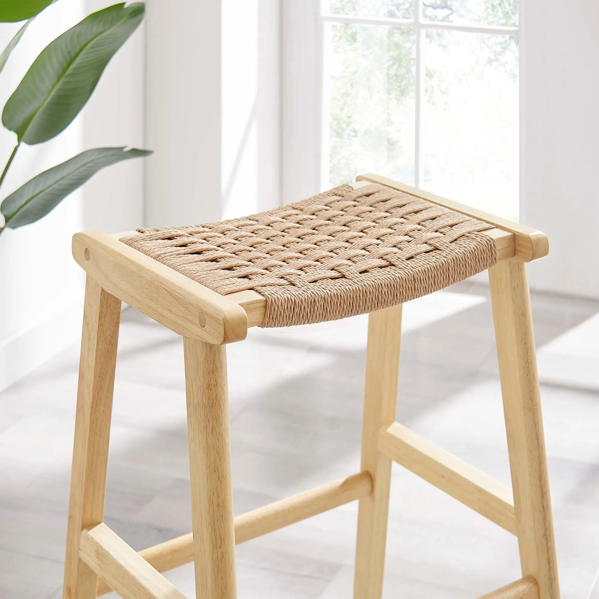 Saoirse Woven Rope Wood Bar Stool - Set of 2 by Modway