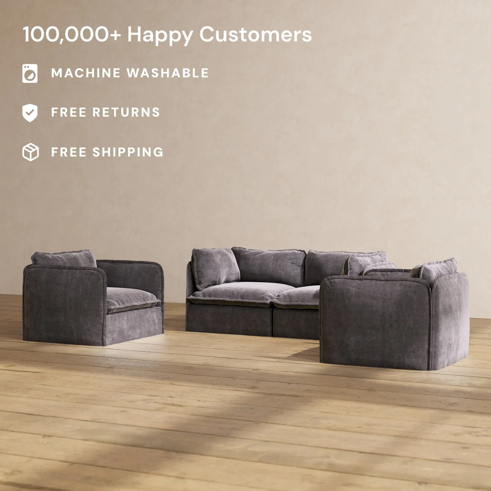 Slipcover Only - Modular Performance 2-Seater Sofa   Armchair Set | Luxury Velvet in Cinder