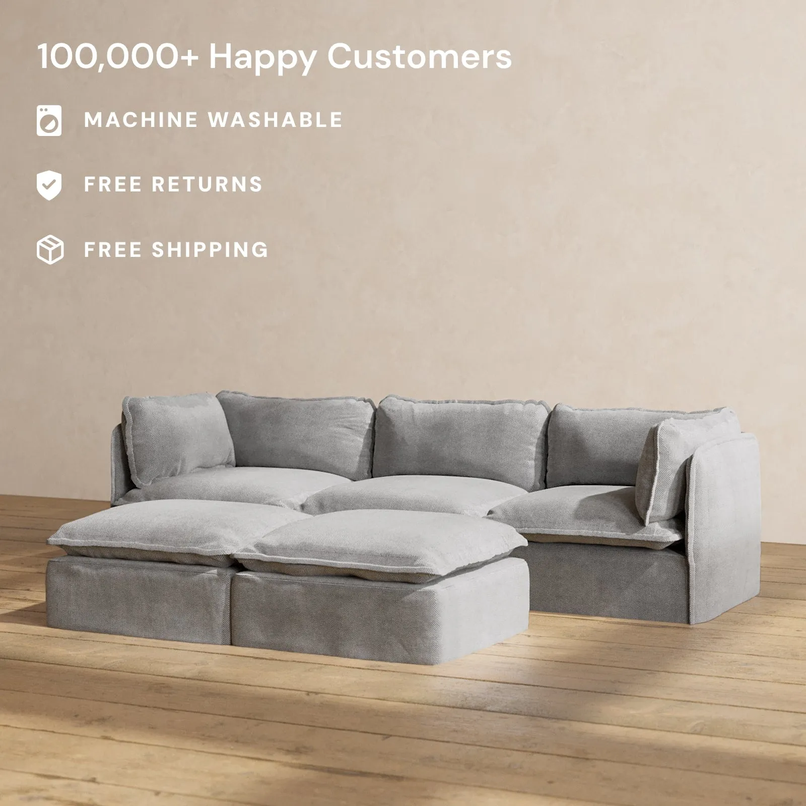 Slipcover Only - Modular Performance 3-Seater   Bench Ottoman | Plush Weave in Ash