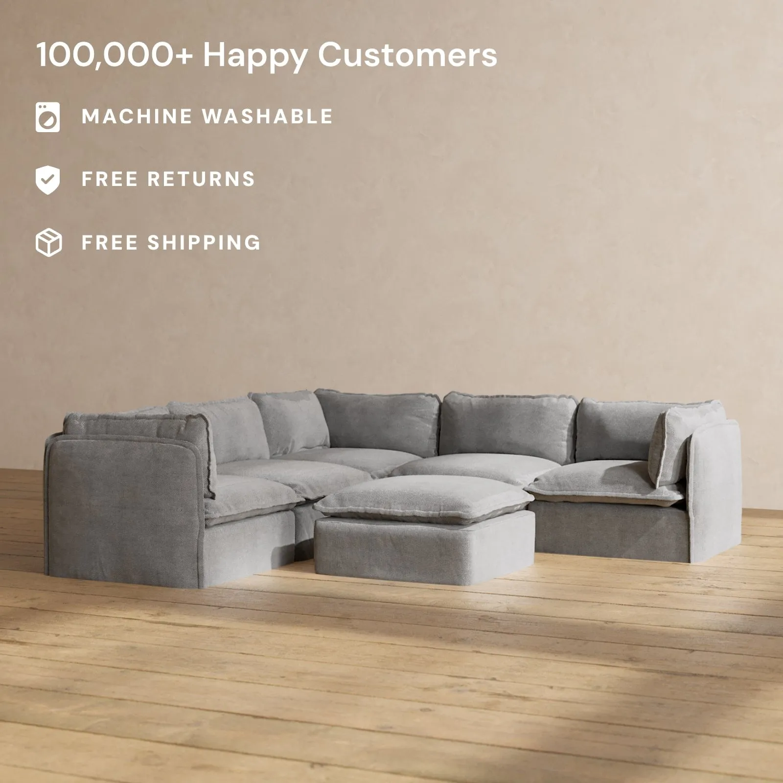 Slipcover Only - Modular Performance 5-Seater Corner Sectional   Ottoman | Plush Weave in Ash