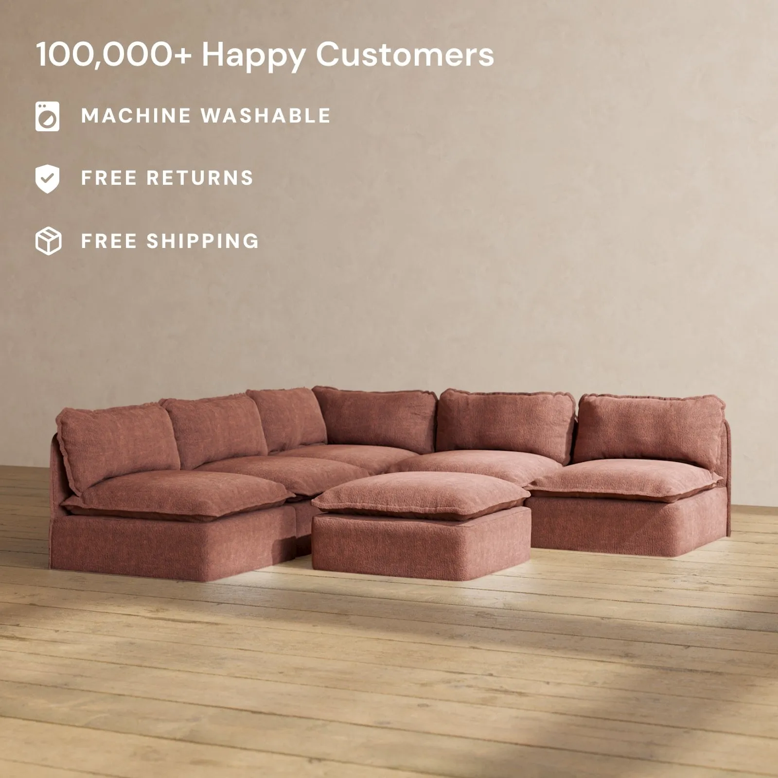 Slipcover Only - Modular Performance 5-Seater Open-Ends Corner Sectional   Ottoman | Heirloom Velvet in Chestnut