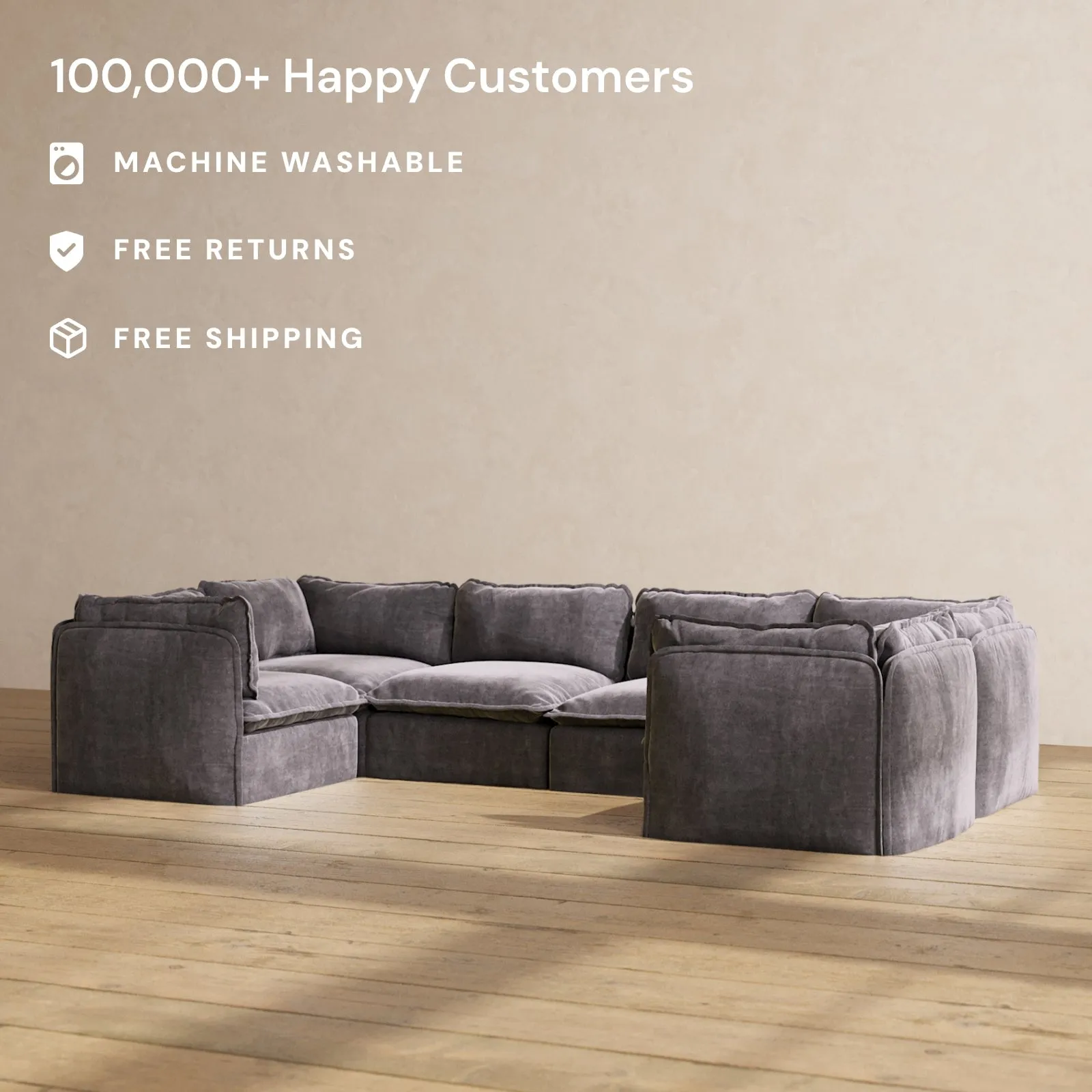 Slipcover Only - Modular Performance 6-Seater U-Sectional | Luxury Velvet in Cinder