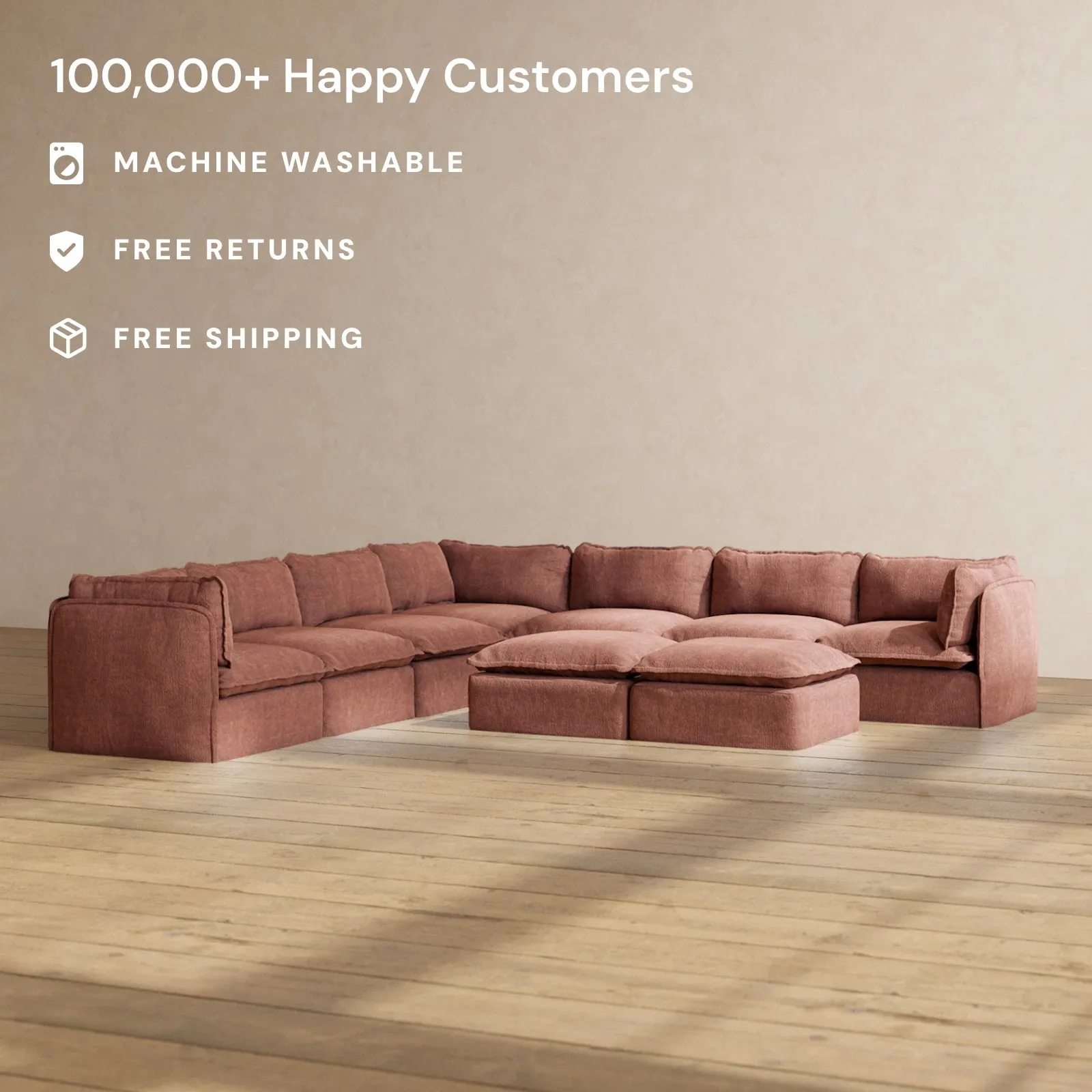 Slipcover Only - Modular Performance 7-Seater Corner Sectional   Bench Ottoman | Heirloom Velvet in Chestnut