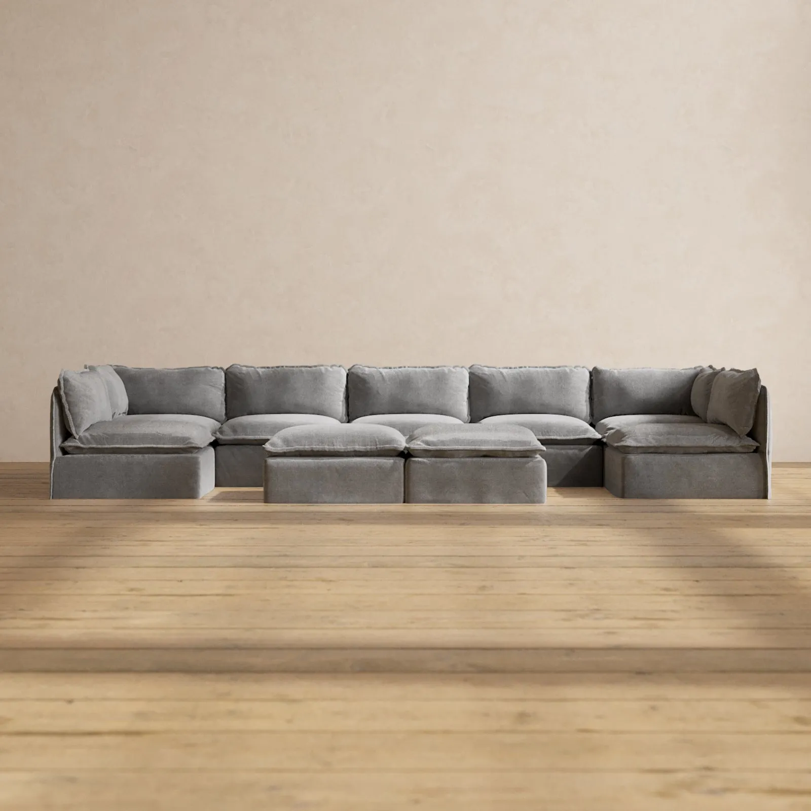 Slipcover Only - Modular Performance 7-Seater Open-Ends U-Sectional   Bench Ottoman | Plush Weave in Ash