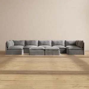 Slipcover Only - Modular Performance 7-Seater Open-Ends U-Sectional   Bench Ottoman | Plush Weave in Ash