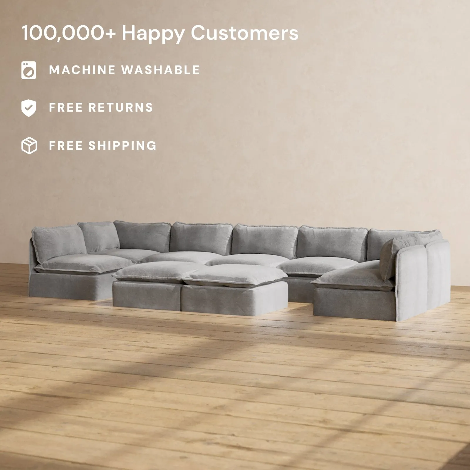 Slipcover Only - Modular Performance 7-Seater Open-Ends U-Sectional   Bench Ottoman | Plush Weave in Ash