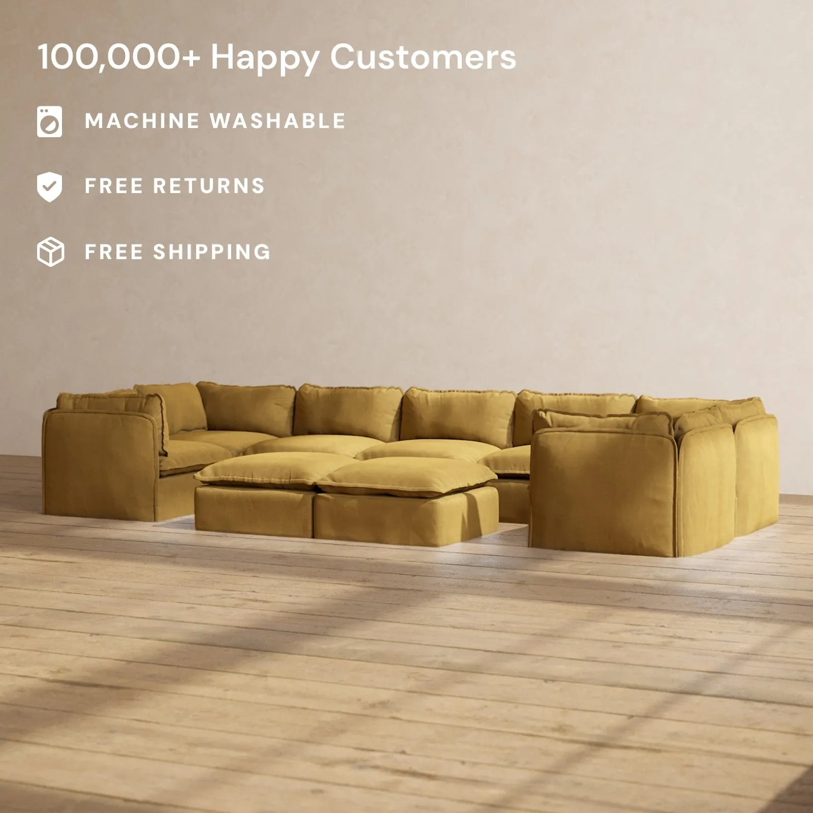Slipcover Only - Modular Performance 7-Seater U-Sectional   Bench Ottoman | Luxury Velvet in Toffee