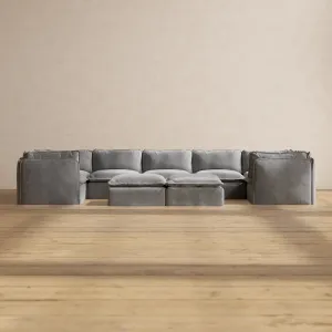 Slipcover Only - Modular Performance 7-Seater U-Sectional   Bench Ottoman | Plush Weave in Ash
