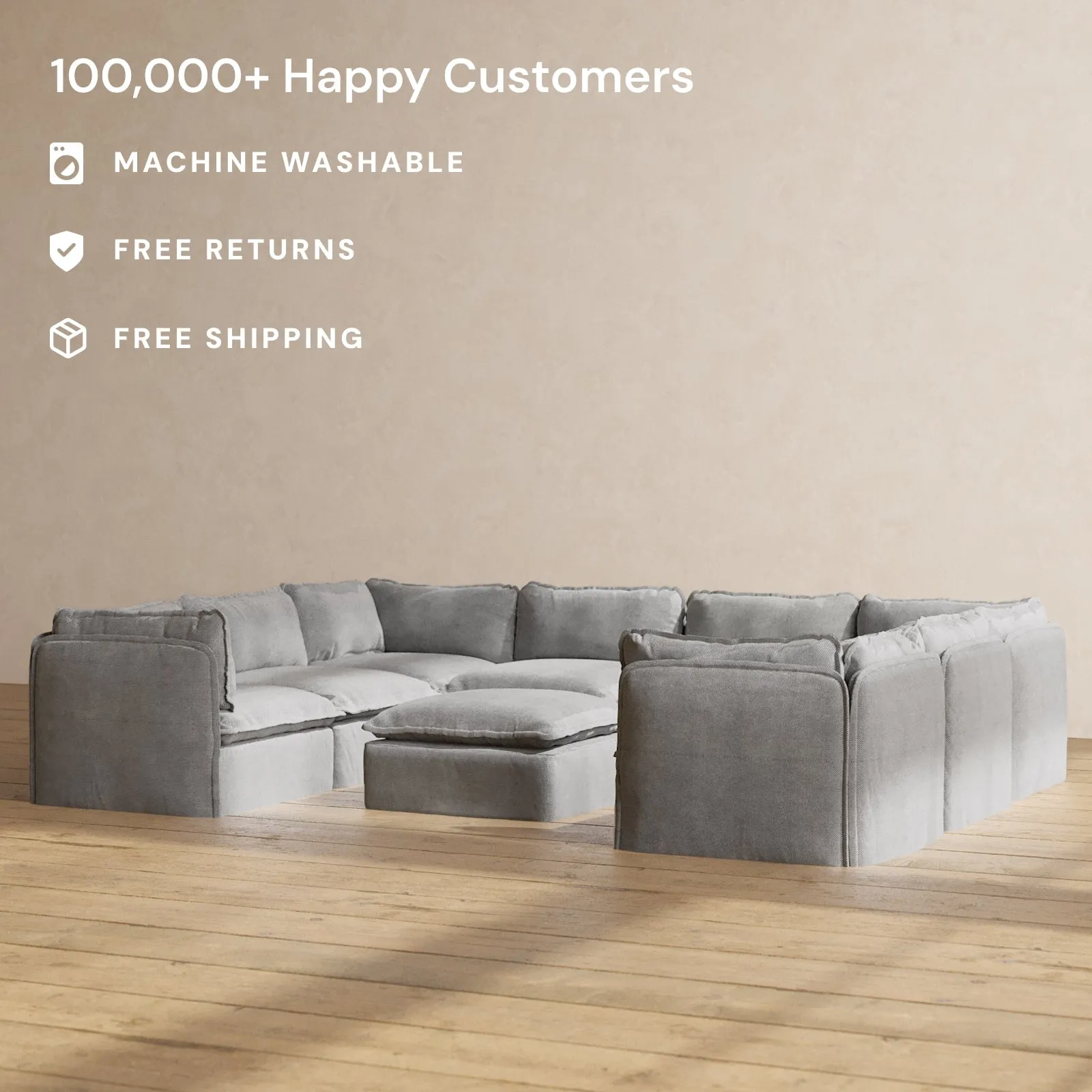 Slipcover Only - Modular Performance 8-Seater U-Sectional   Ottoman | Plush Weave in Ash