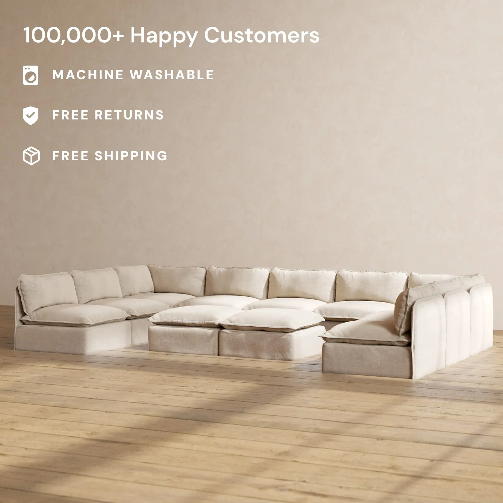 Slipcover Only - Modular Performance 9-Seater Open-Ends U-Sectional   Bench Ottoman | Blended Weave in Oat