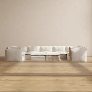 Slipcover Only - Modular Performance 9-Seater U-Sectional   Bench Ottoman | Blended Weave in Flour