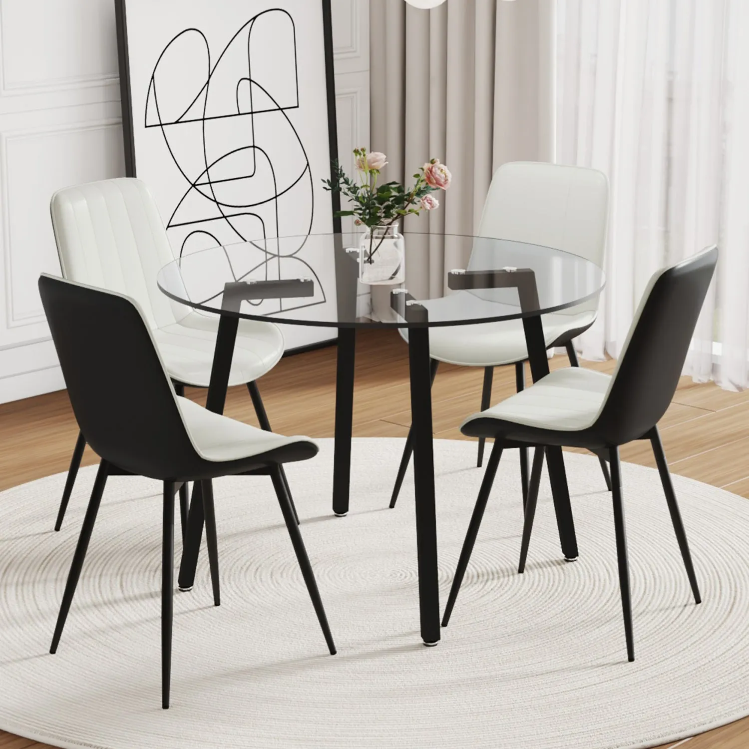 Streamdale 42" Glass Table & 4 PU Chairs - Modern Minimalist Set