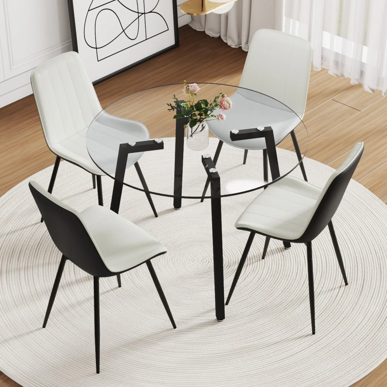 Streamdale 42" Glass Table & 4 PU Chairs - Modern Minimalist Set