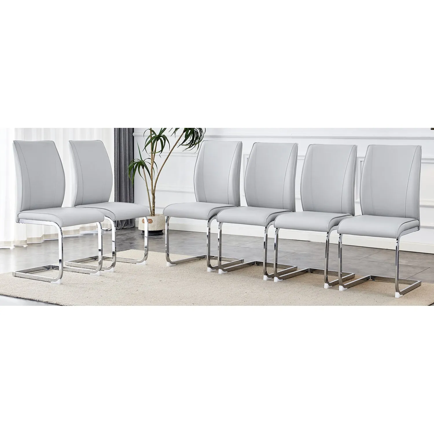 Streamdale Arch Dining Chairs - Light Gray PU, Silver Legs - Set of 6