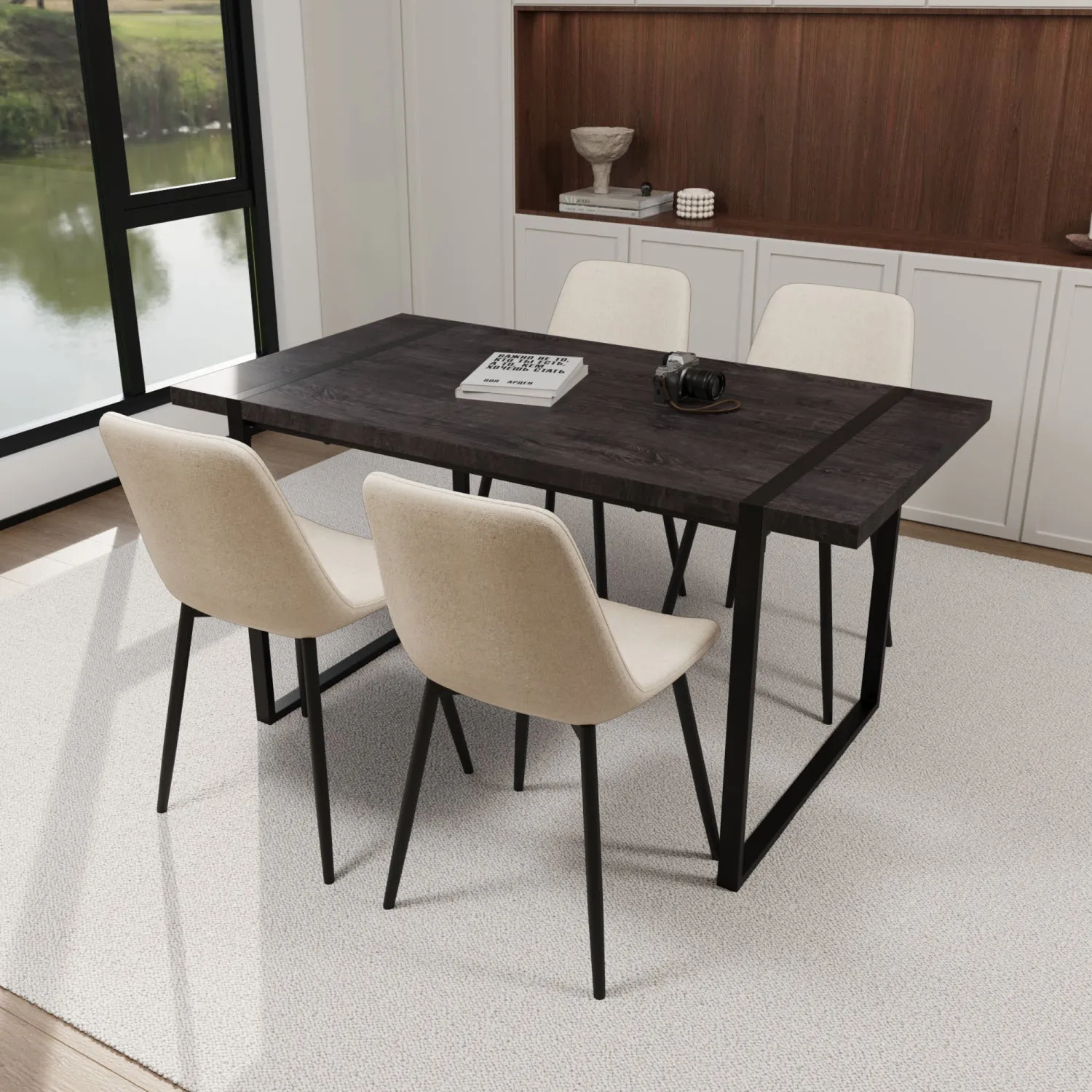 Streamdale Black Dining Table & 4 Suede Chairs - Modern Set