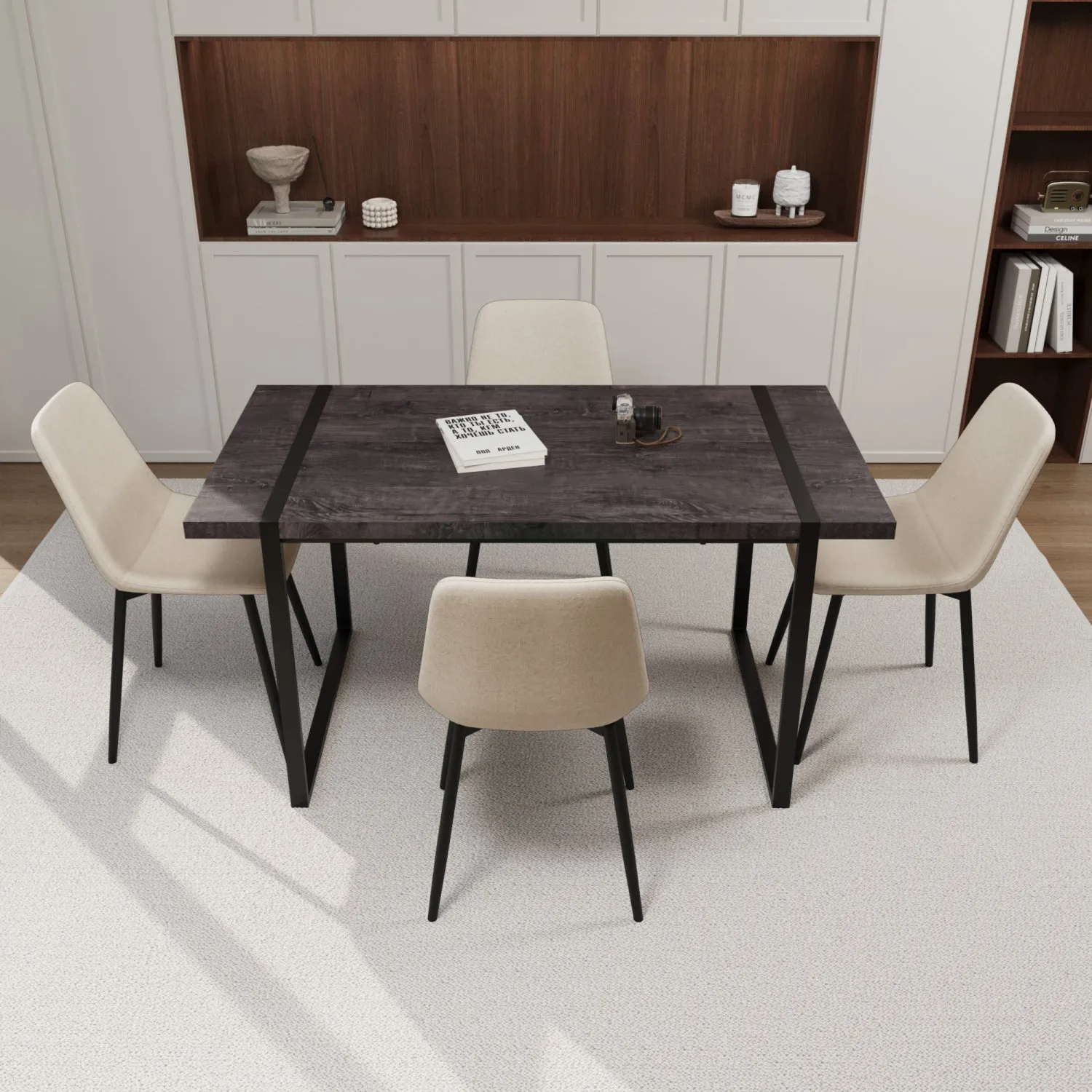 Streamdale Black Dining Table & 4 Suede Chairs - Modern Set