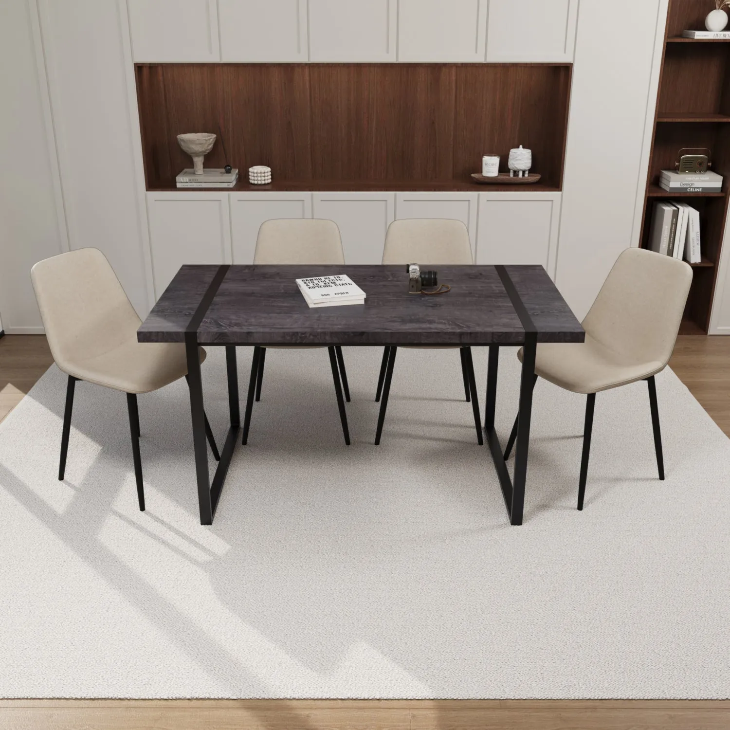 Streamdale Black Dining Table & 4 Suede Chairs - Modern Set