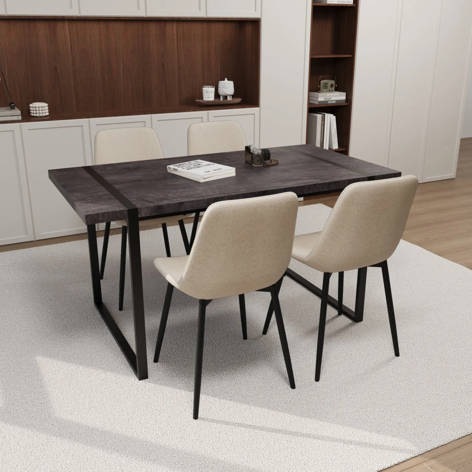 Streamdale Black Dining Table & 4 Suede Chairs - Modern Set