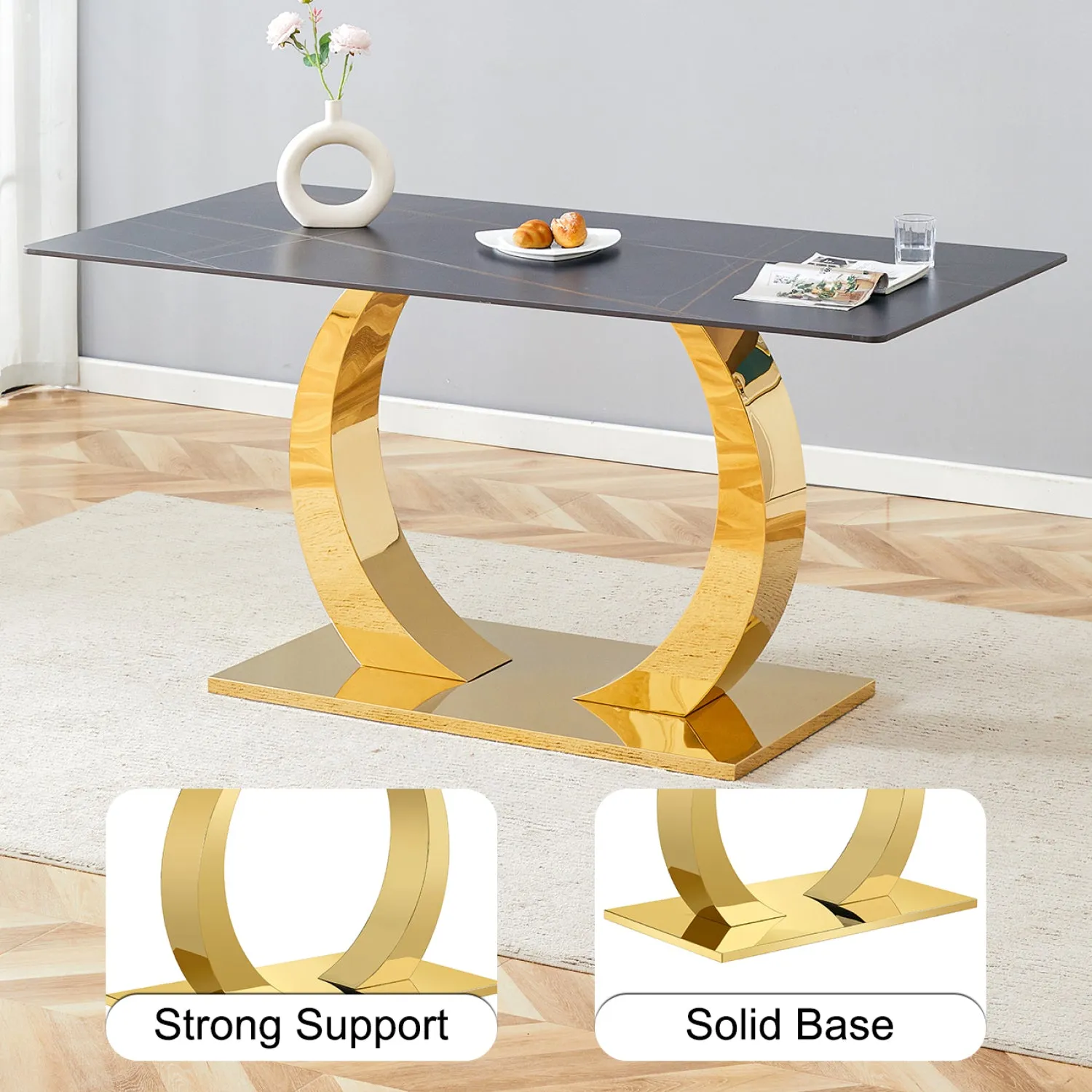 Streamdale Sintered Stone Dining Set: 63" Table & 4 Black/Gold Chairs