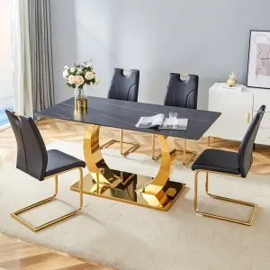 Streamdale Sintered Stone Dining Set: 63" Table & 4 Black/Gold Chairs
