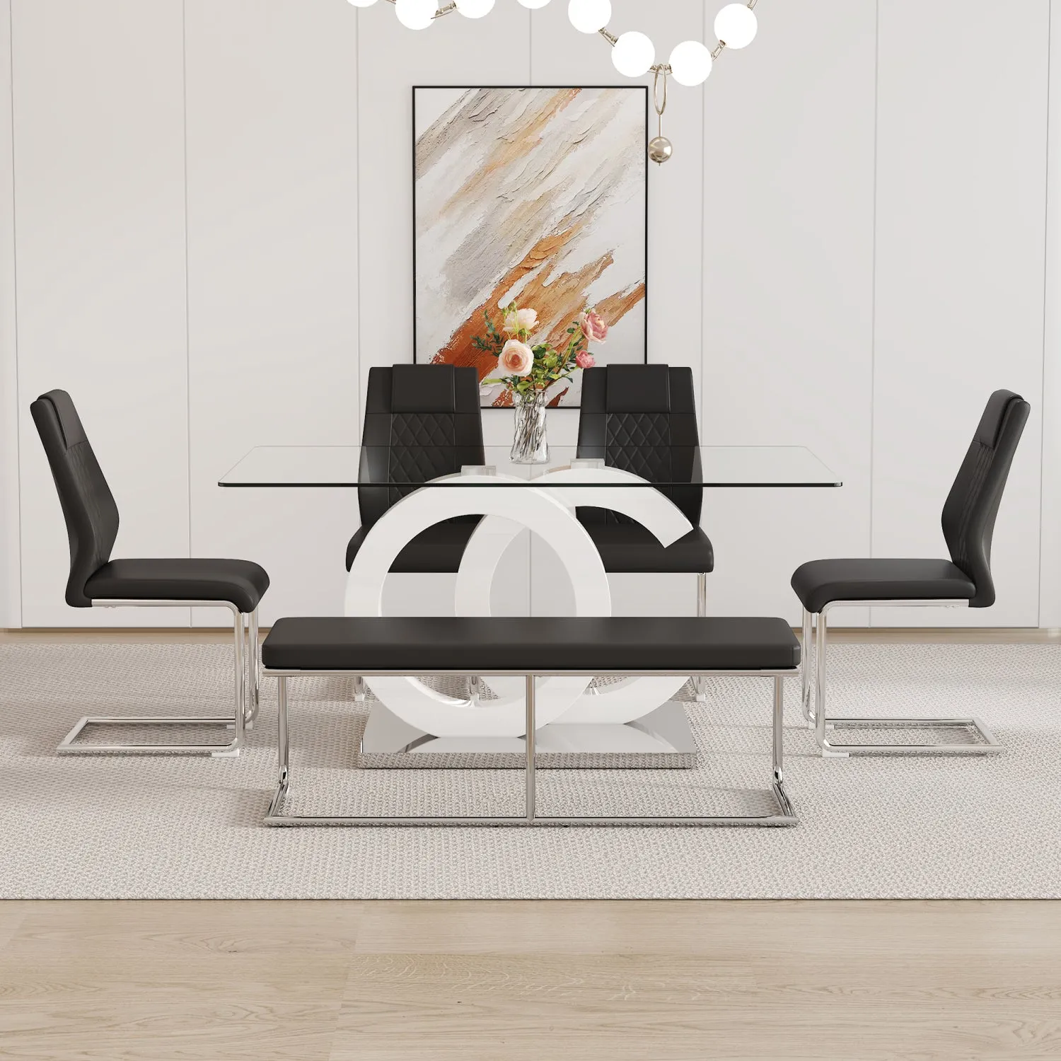 Streamdale Tempered Glass Dining Set with Comfortable Chairs and Bench