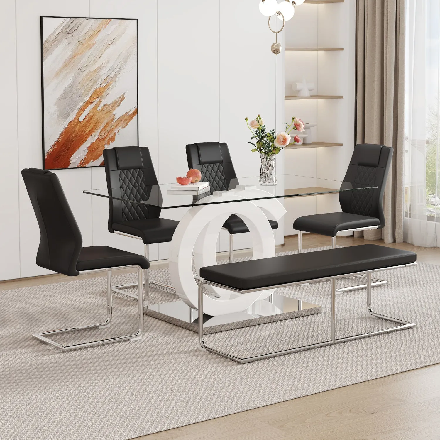 Streamdale Tempered Glass Dining Set with Comfortable Chairs and Bench