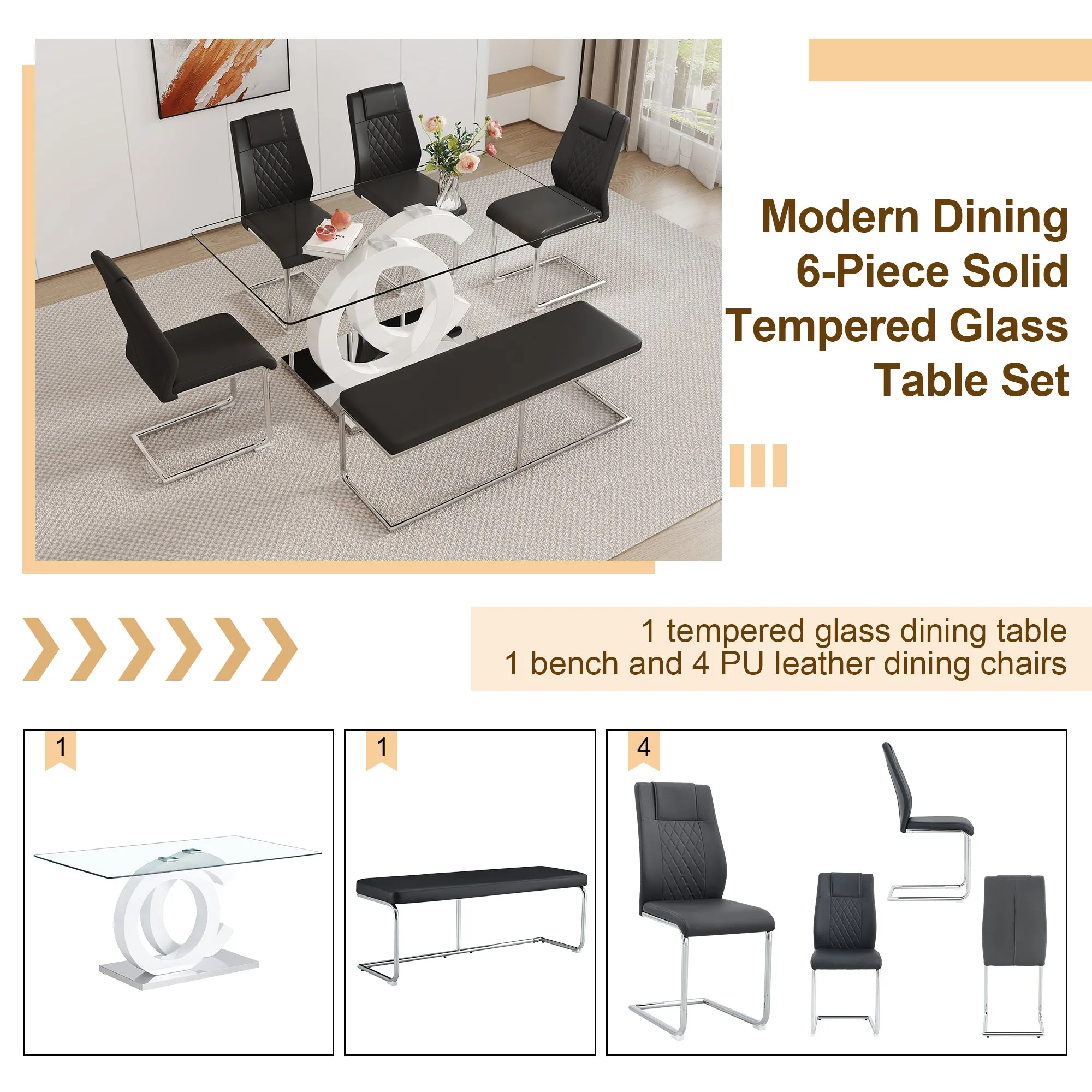 Streamdale Tempered Glass Dining Set with Comfortable Chairs and Bench