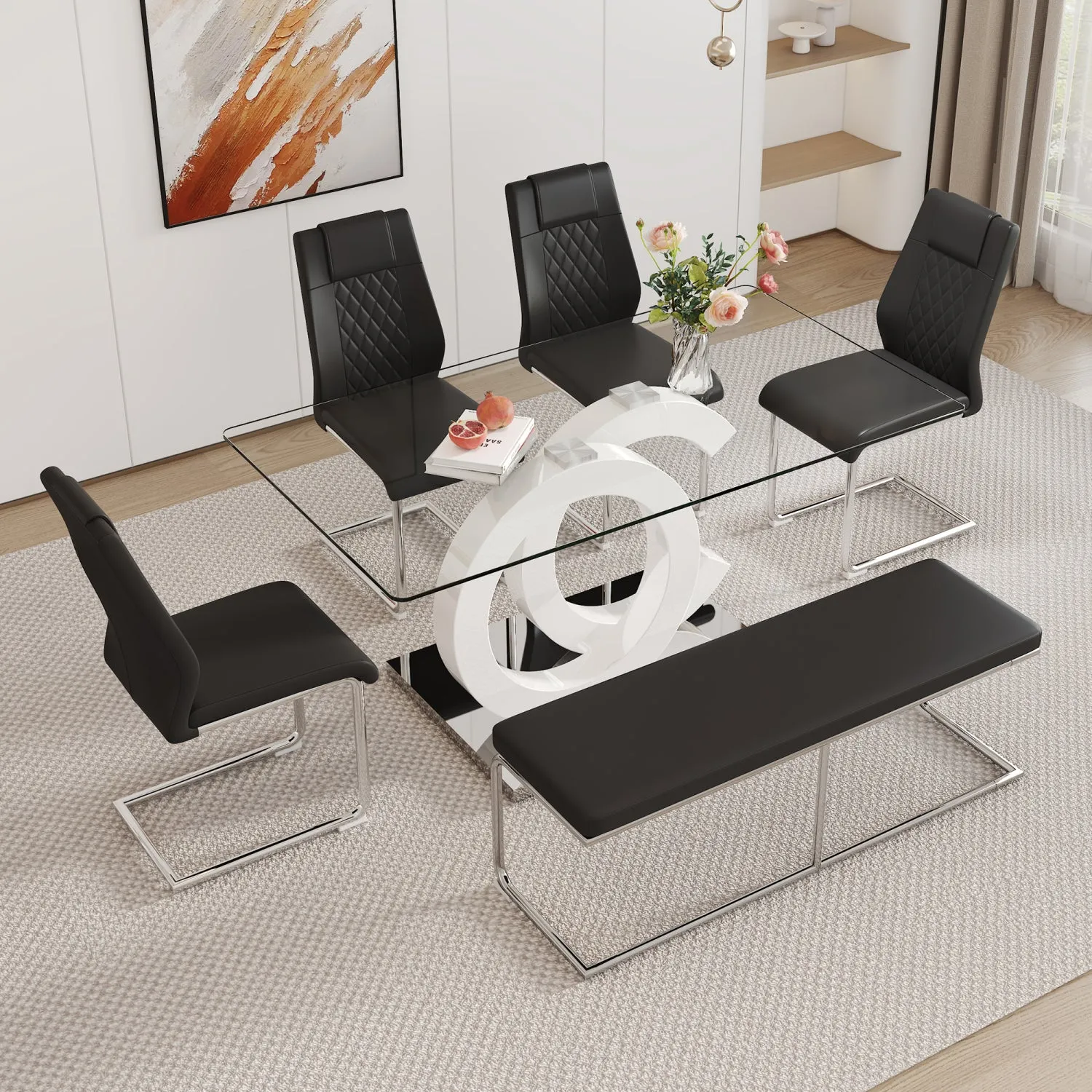Streamdale Tempered Glass Dining Set with Comfortable Chairs and Bench