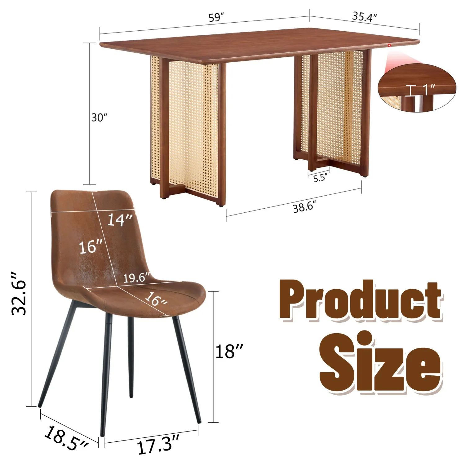 Streamdale Walnut Dining Set: Wood Table, Rattan Legs, 4 Brown Tech-Fabric Chairs