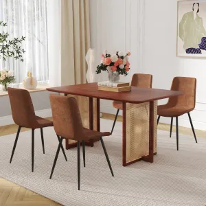Streamdale Walnut Dining Set: Wood Table, Rattan Legs, 4 Brown Tech-Fabric Chairs