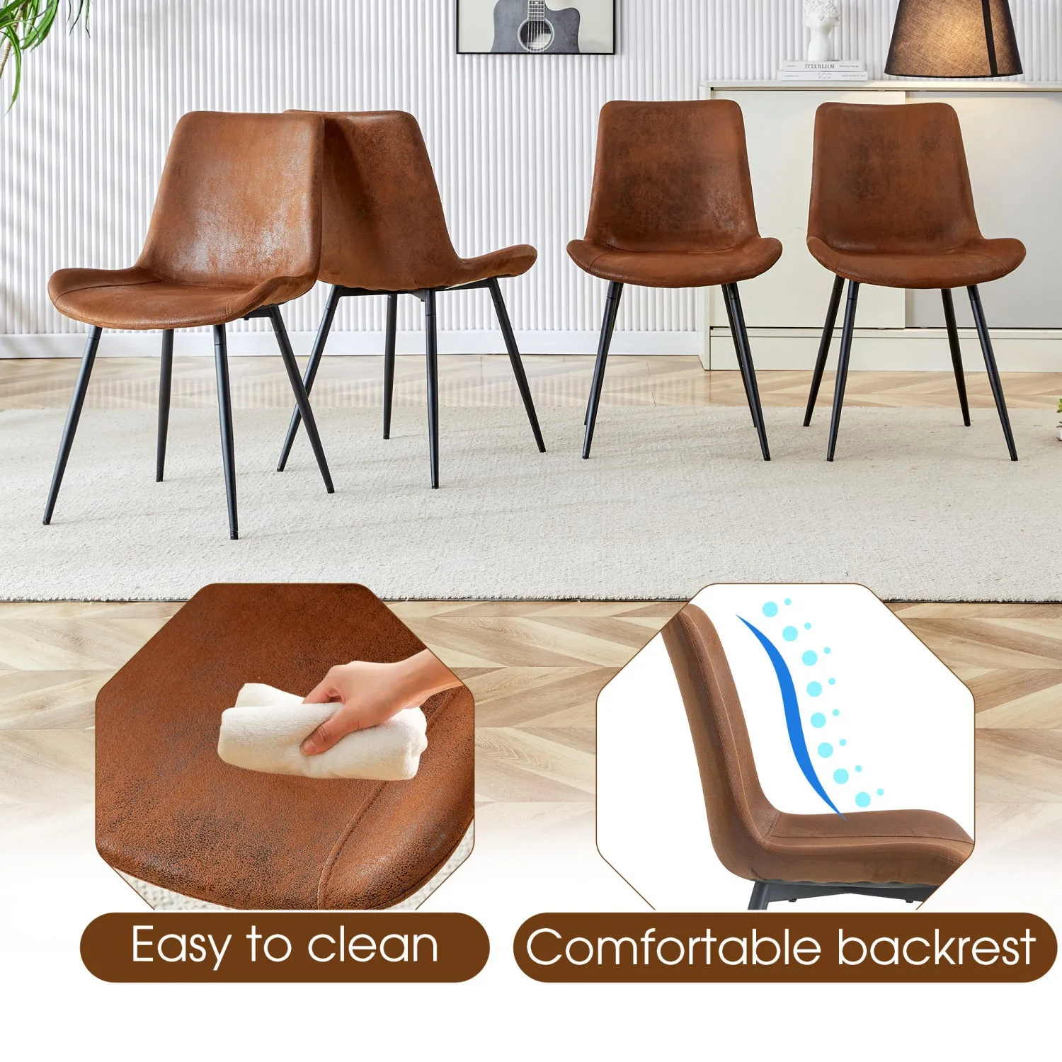 Streamdale Walnut Dining Set: Wood Table, Rattan Legs, 4 Brown Tech-Fabric Chairs