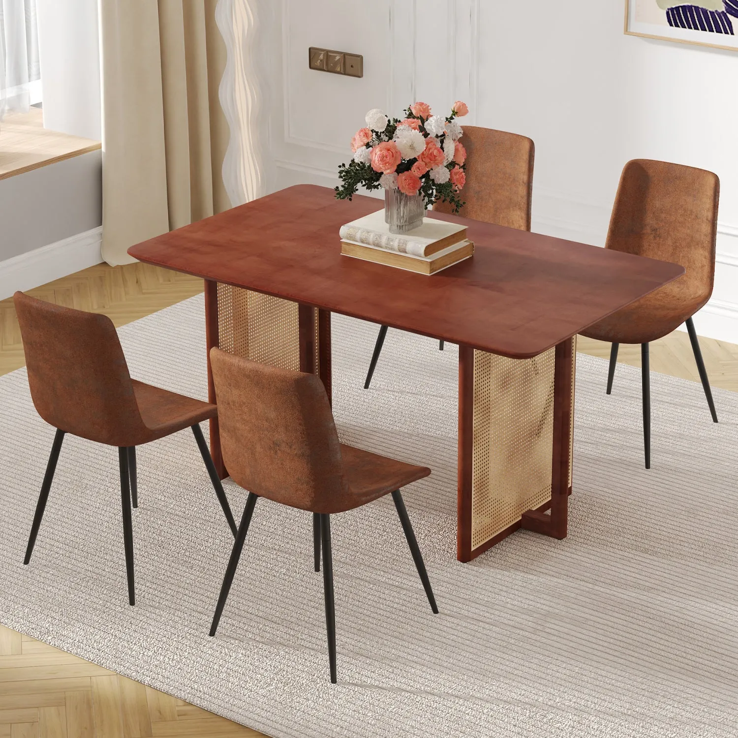 Streamdale Walnut Dining Set: Wood Table, Rattan Legs, 4 Brown Tech-Fabric Chairs