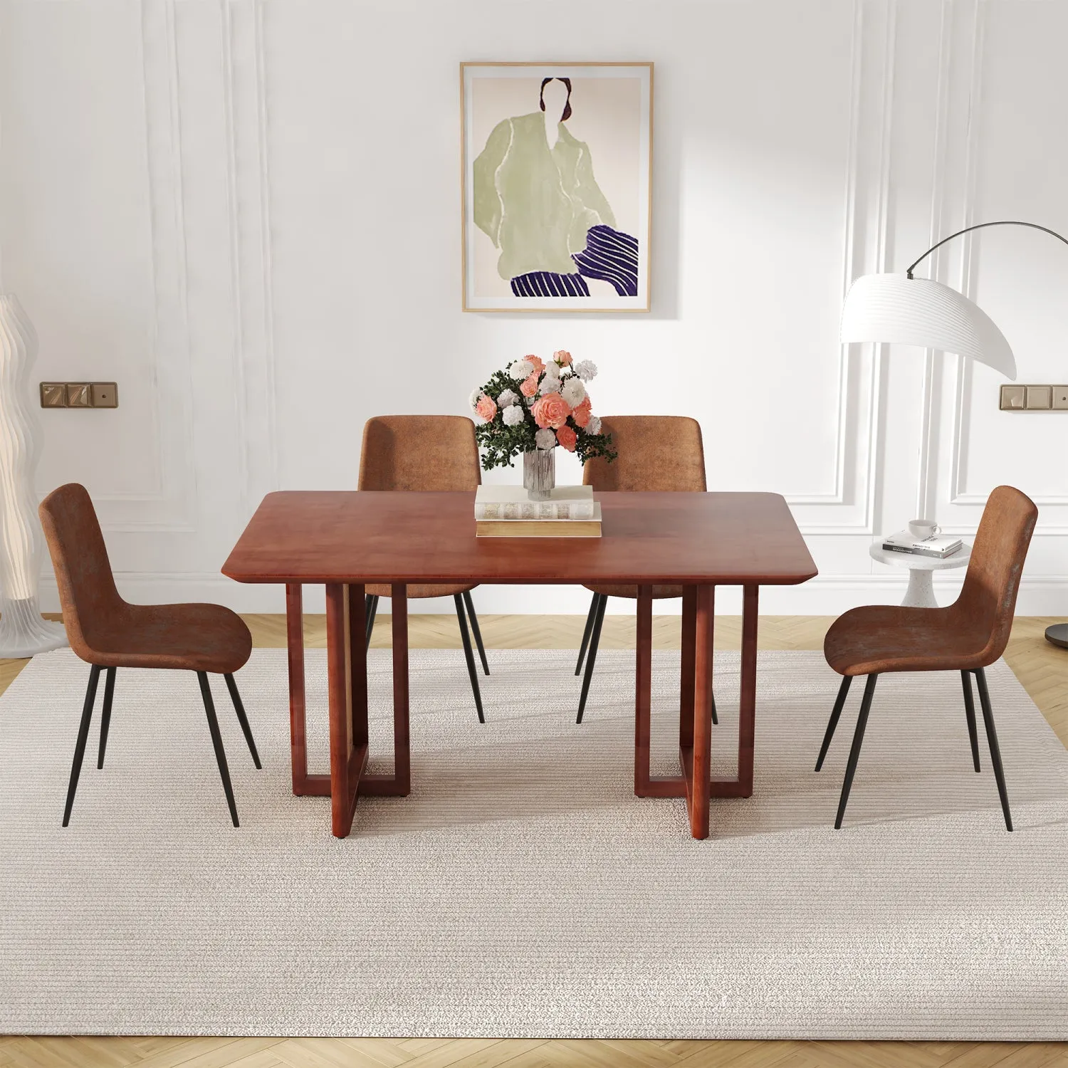 Streamdale Walnut Dining Set: Wood Table, Rattan Legs, 4 Brown Tech-Fabric Chairs