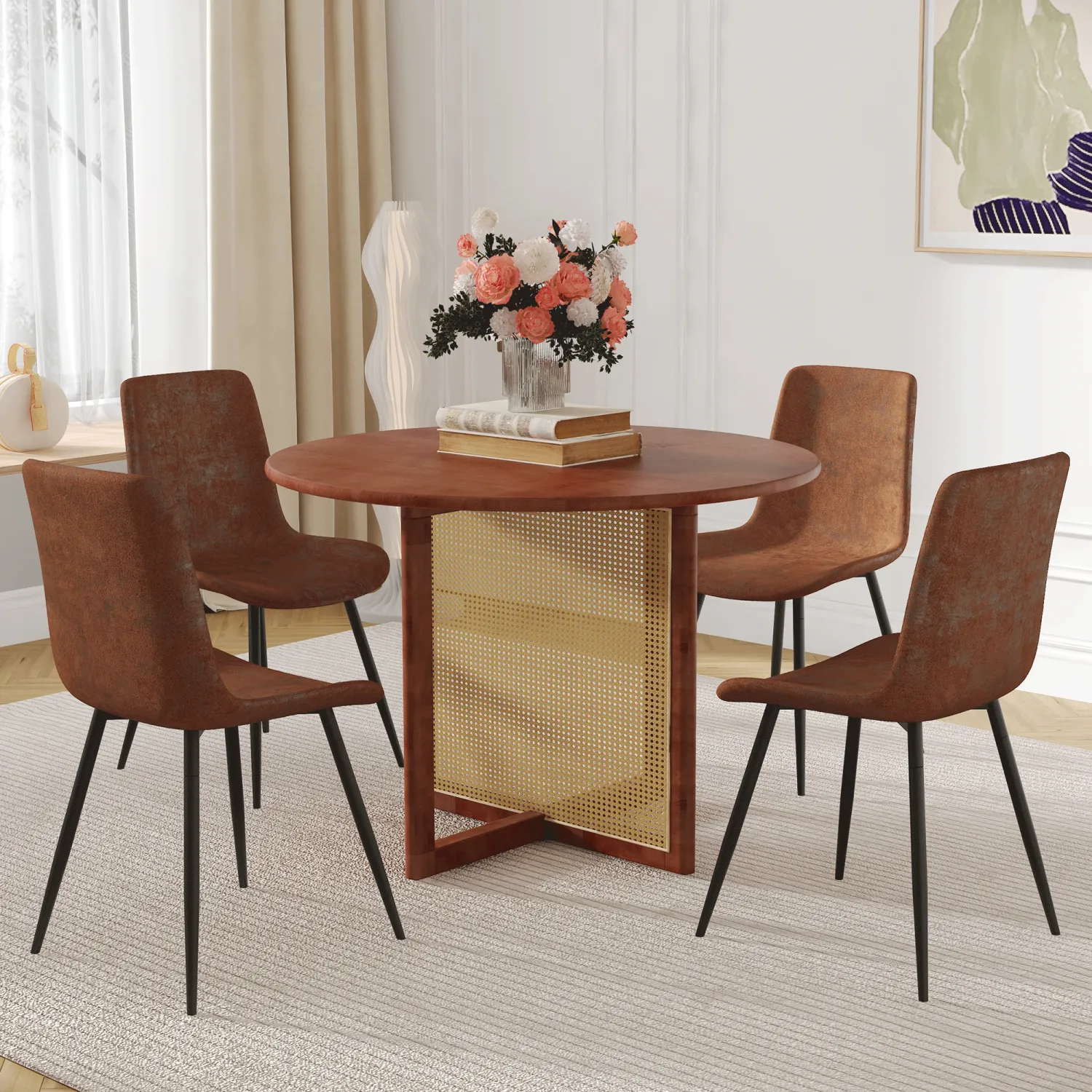Streamdale Walnut Round Dining Set: 4 Chairs & 42" Table