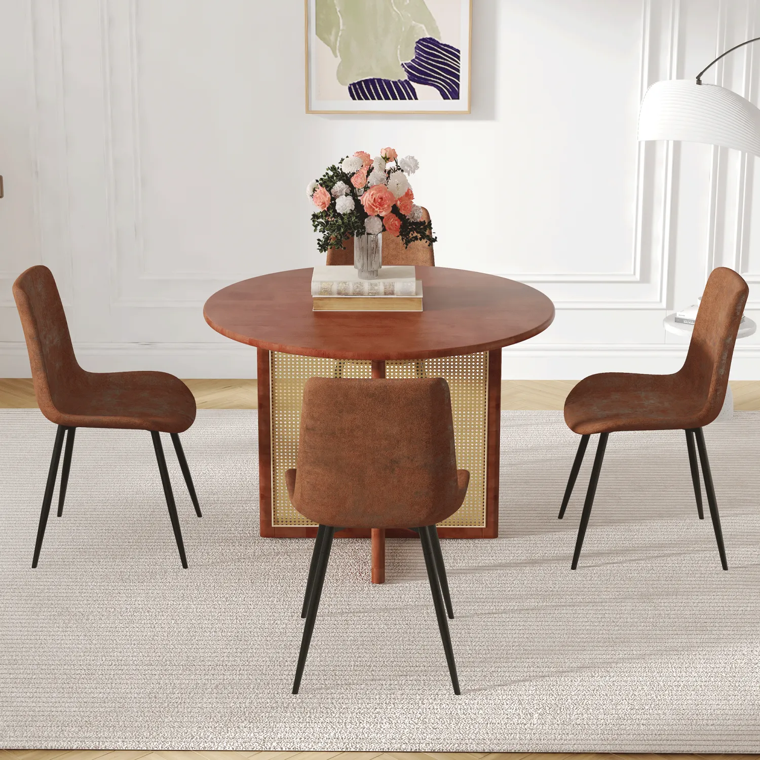 Streamdale Walnut Round Dining Set: 4 Chairs & 42" Table