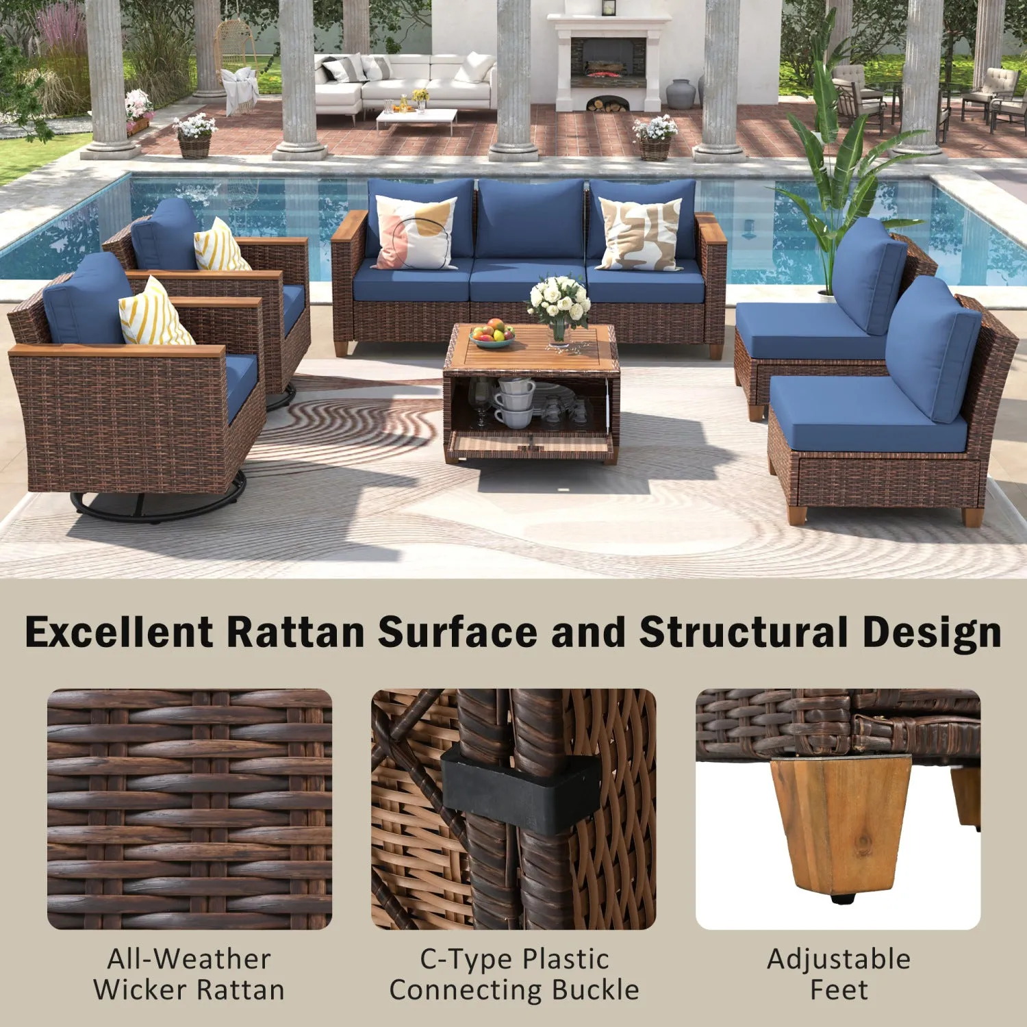 Streamdale Wicker Patio Set: Swivel Rockers, Storage Table, Cushions