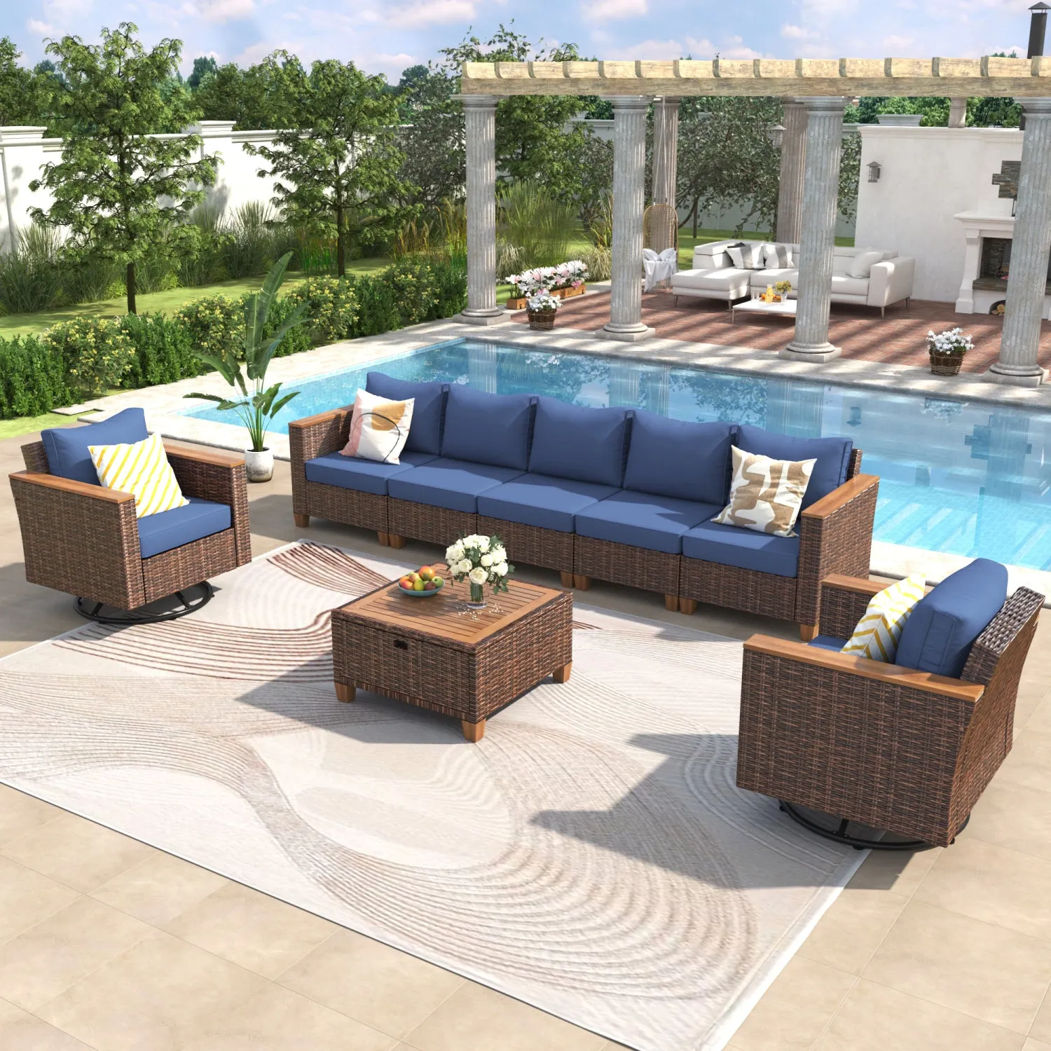 Streamdale Wicker Patio Set: Swivel Rockers, Storage Table, Cushions