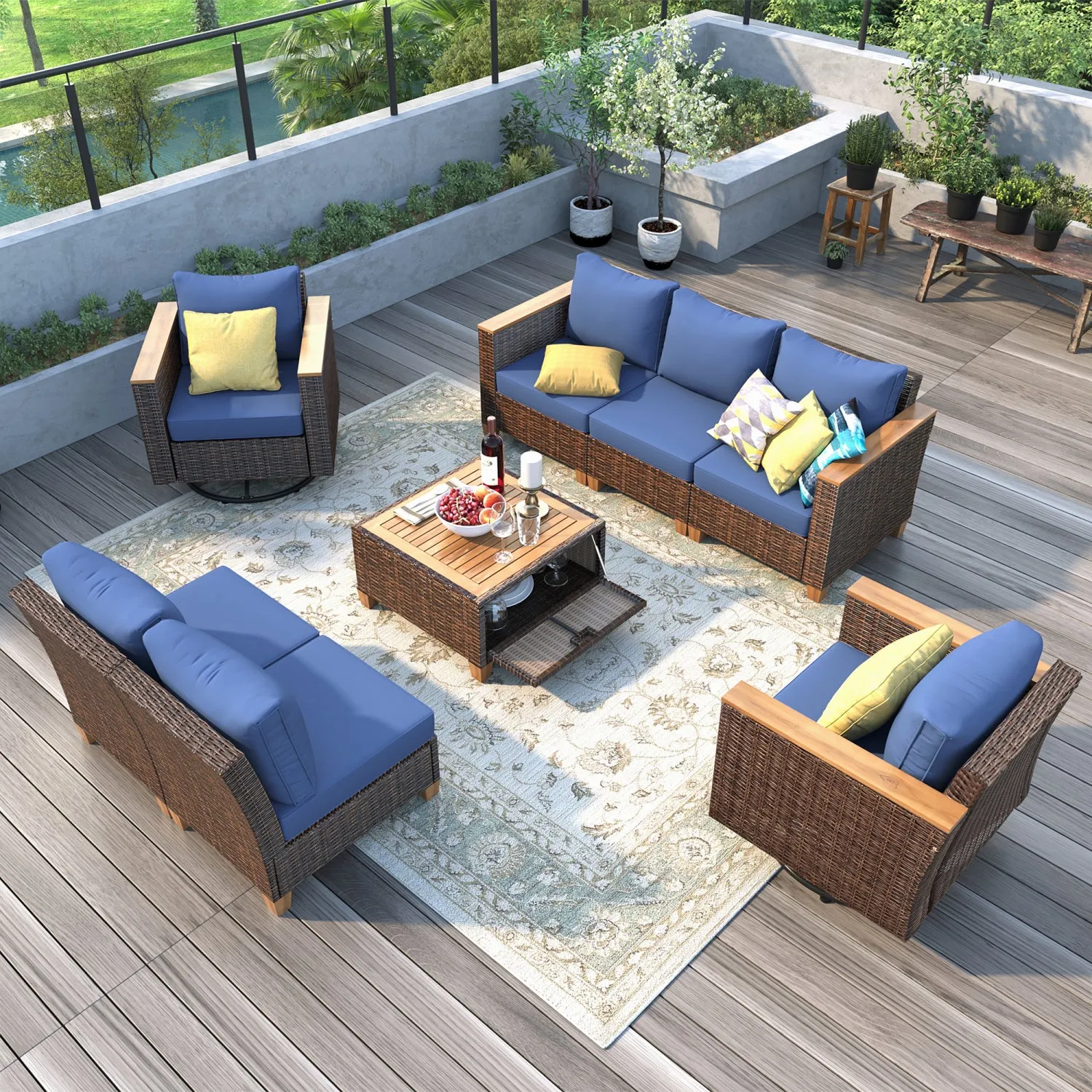 Streamdale Wicker Patio Set: Swivel Rockers, Storage Table, Cushions
