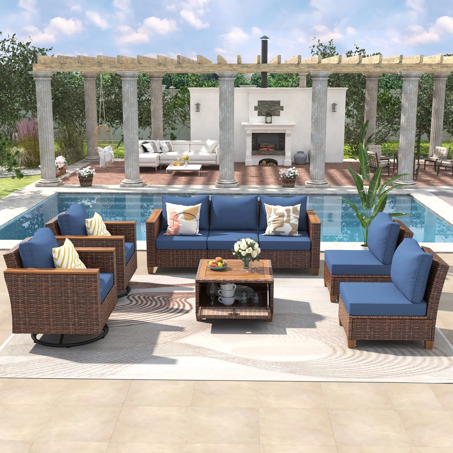 Streamdale Wicker Patio Set: Swivel Rockers, Storage Table, Cushions