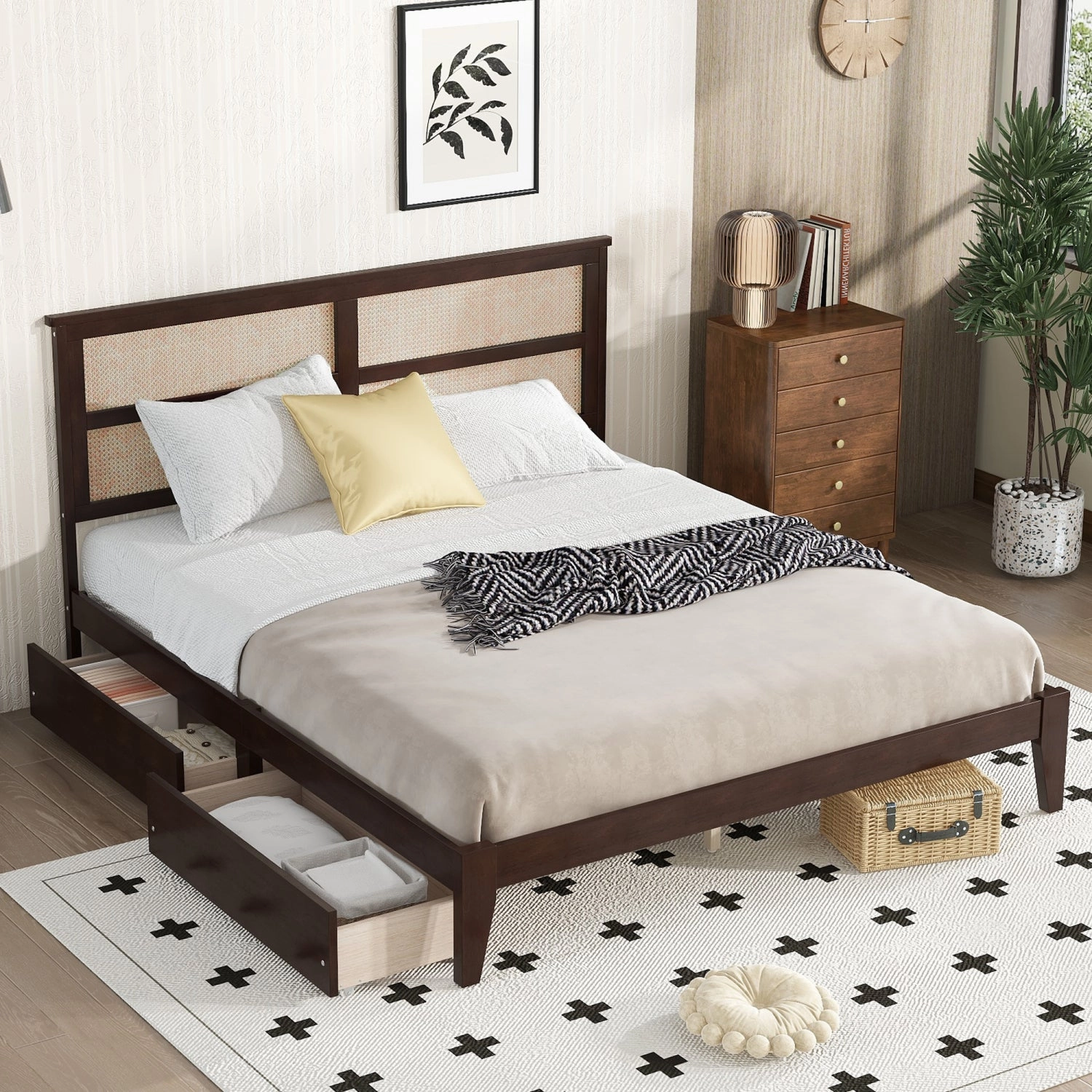 Streamdale King Bed: Rattan Headboard, Storage Drawers, Espresso